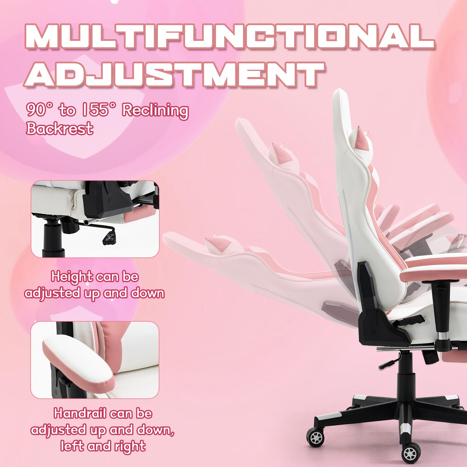 ECOTOUGE Ergonomic Gaming Chair with Footrest - Pink & White PC Office Desk Chair, Racing Style Recliner with Adjustable Headrest & Lumbar Support - Perfect for Gamers, Streamers & Home Office Workers