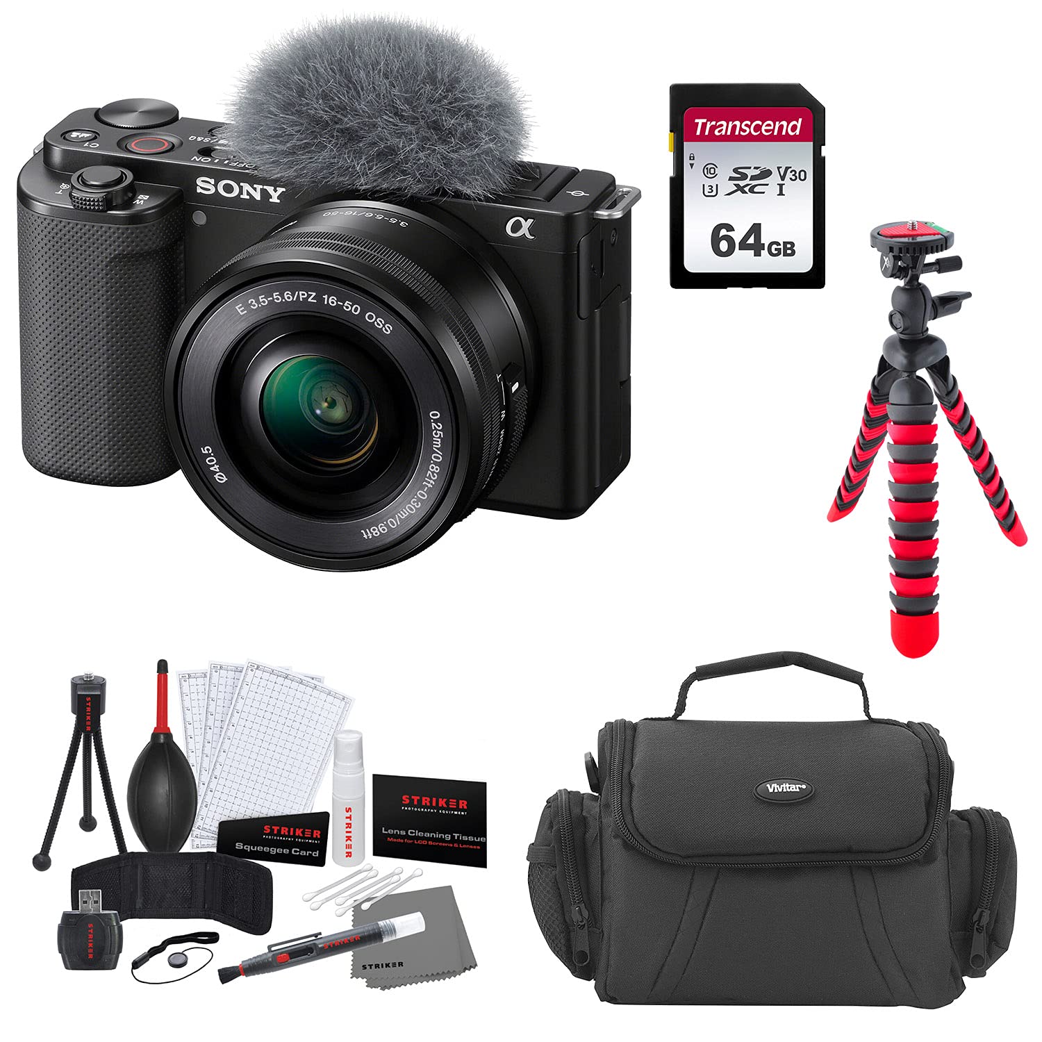 Sony ZV-E10 Mirrorless Digital Camera with 16-50mm Lens Kit (Black) - Includes 64GB Memory Card, Tripod, Camera Bag & Cleaning Kit - Perfect for Vlogging, Travel Photography & Content Creation