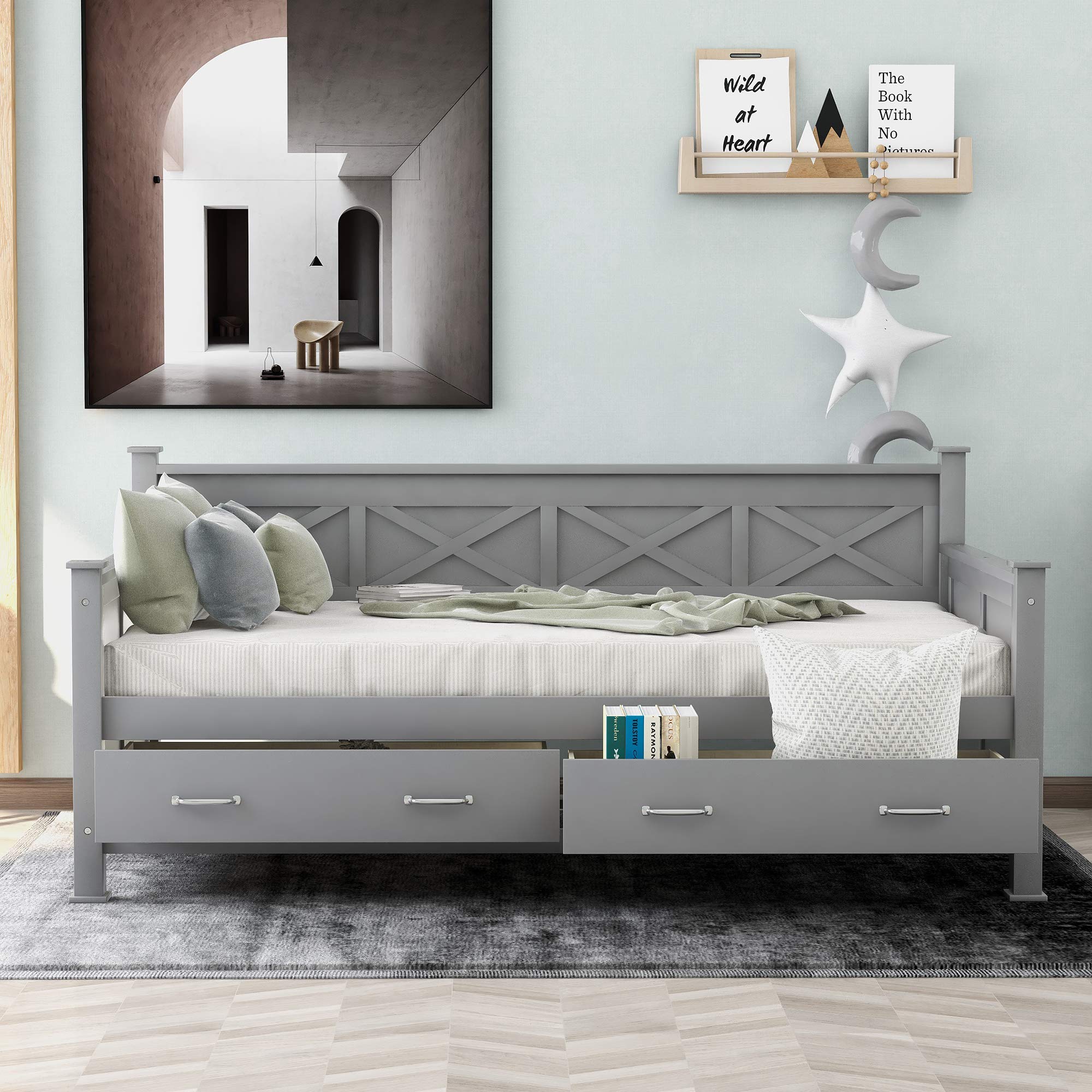 Twin Daybed with Storage Drawers, X-Frame Sofa Bed for Bedroom & Living Room - Grey