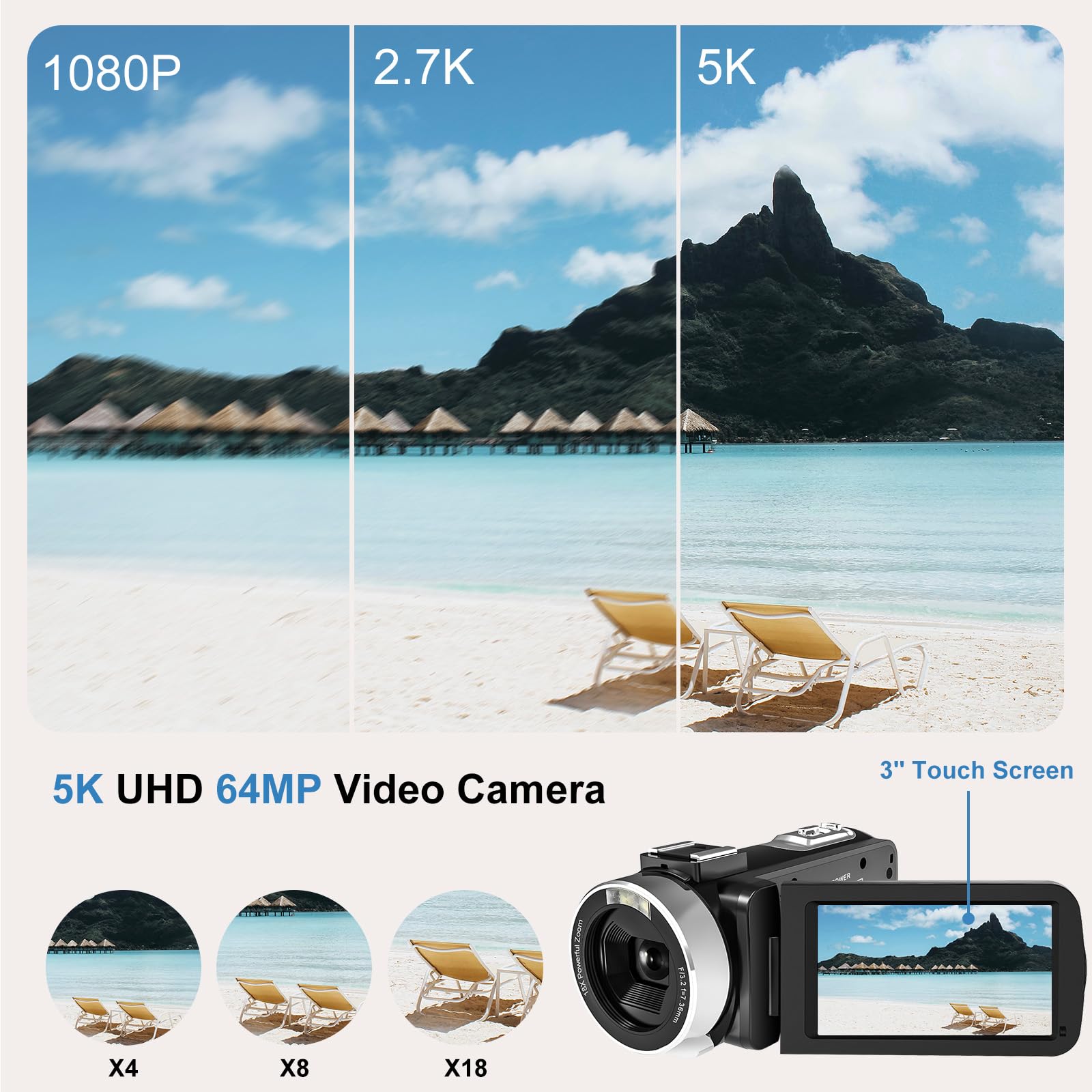 **5K Camcorder Video Camera - 64MP, 18X Digital Zoom, WiFi, IR Night Vision, 3.0