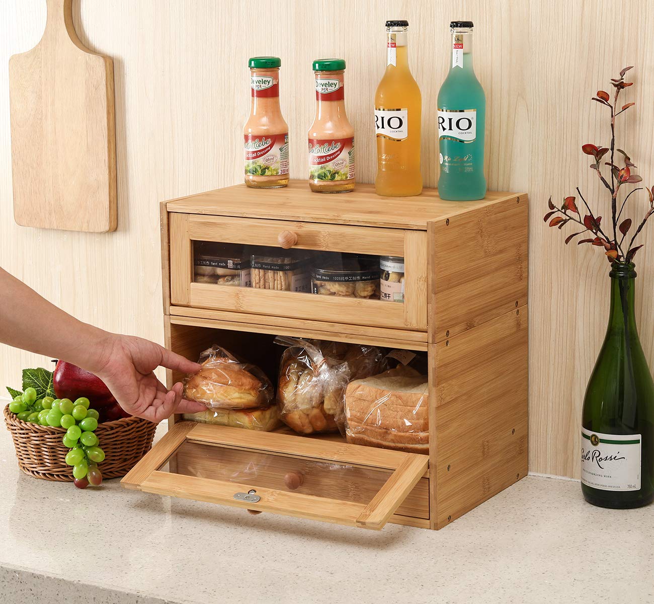 **2-Tier Bamboo Bread Box with Window & Utensil Drawer - Stackable Kitchen Countertop Storage for Bread, Buns & Pastries - Natural Wood Organizer for Small Spaces**