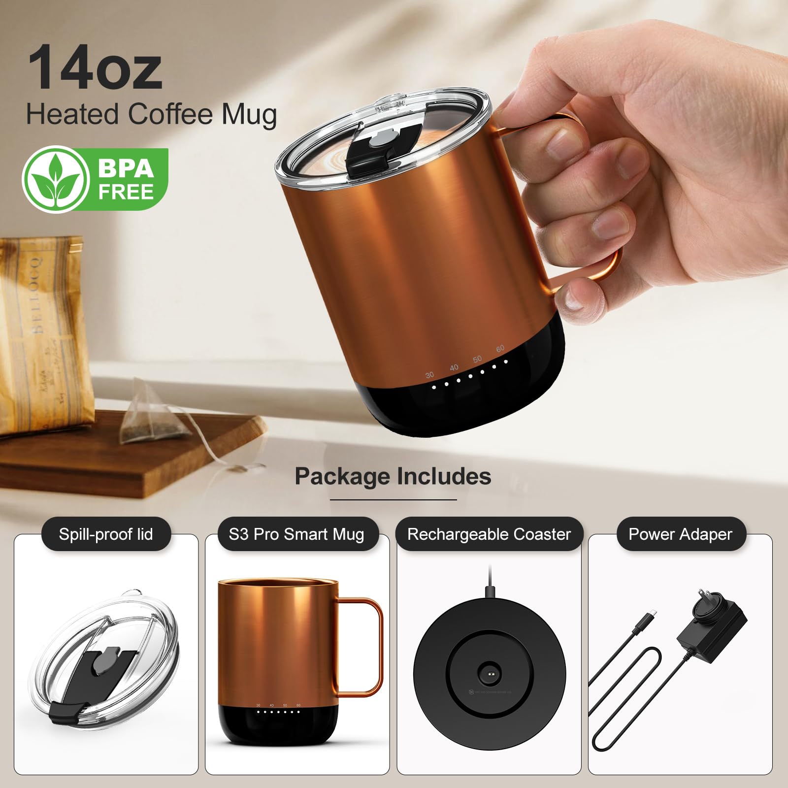 VSITOO S3PRO Smart Temperature Control Heated Coffee Mug - 14oz Copper, Rechargeable & Battery Powered, APP/Manual Control, LED Display - Perfect for Office, Travel, and Home Use