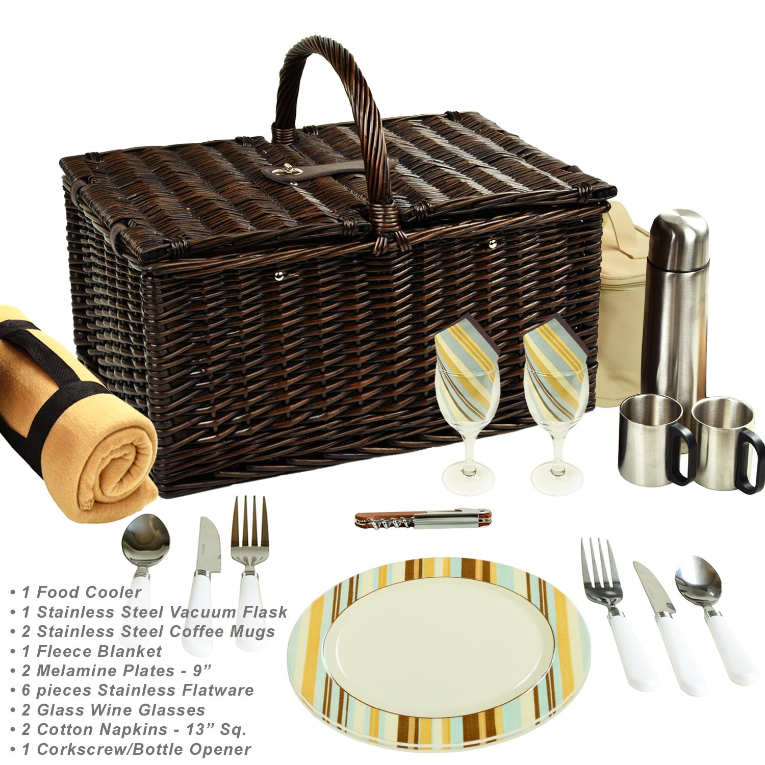 Premium Willow Picnic Basket Set for 2 - Includes Blanket & Coffee Service - Handcrafted in USA | Perfect for Outdoor Dates, Beach Picnics & Garden Parties