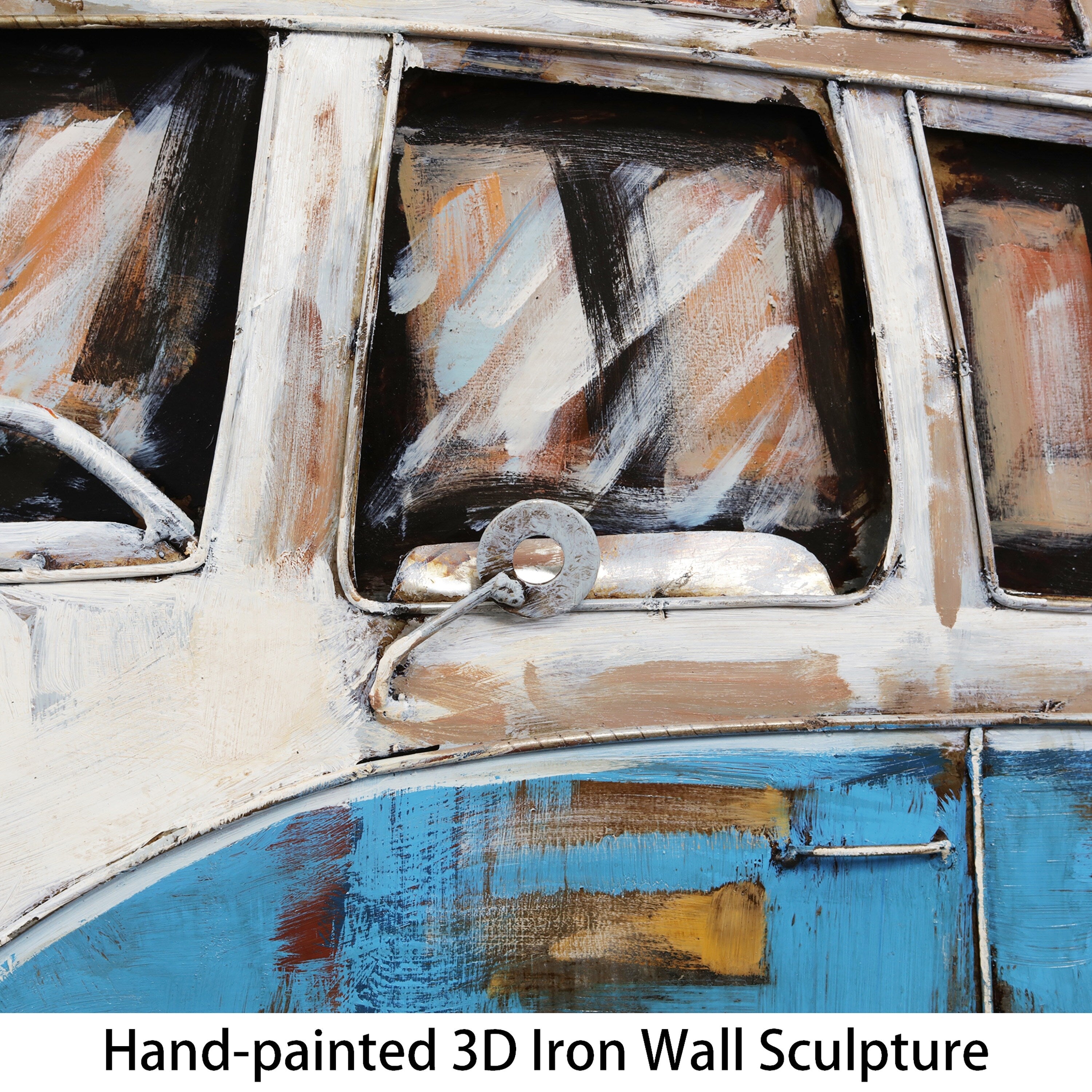Blue Bus Mixed Media Iron Hand Painted Dimensional Wall Art - Unique Rustic Home Decor for Living Room, Bedroom & Office