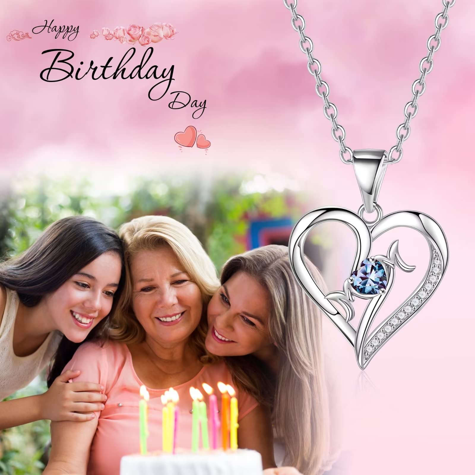 925 Sterling Silver Heart Birthstone Necklace for Mom - Personalized Mother's Jewelry Gift for Birthday, Valentine's Day & Special Occasions | Elegant Pendant Necklace from Daughter or Son | Perfect for Everyday Wear, Anniversaries & Mother's Day Gifts