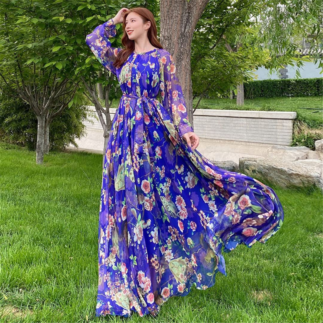 Bohemian Floral Print Long Sleeve Chiffon Dress for Women - Elegant Ruffled Maxi Dress for Parties, Weddings & Special Occasions