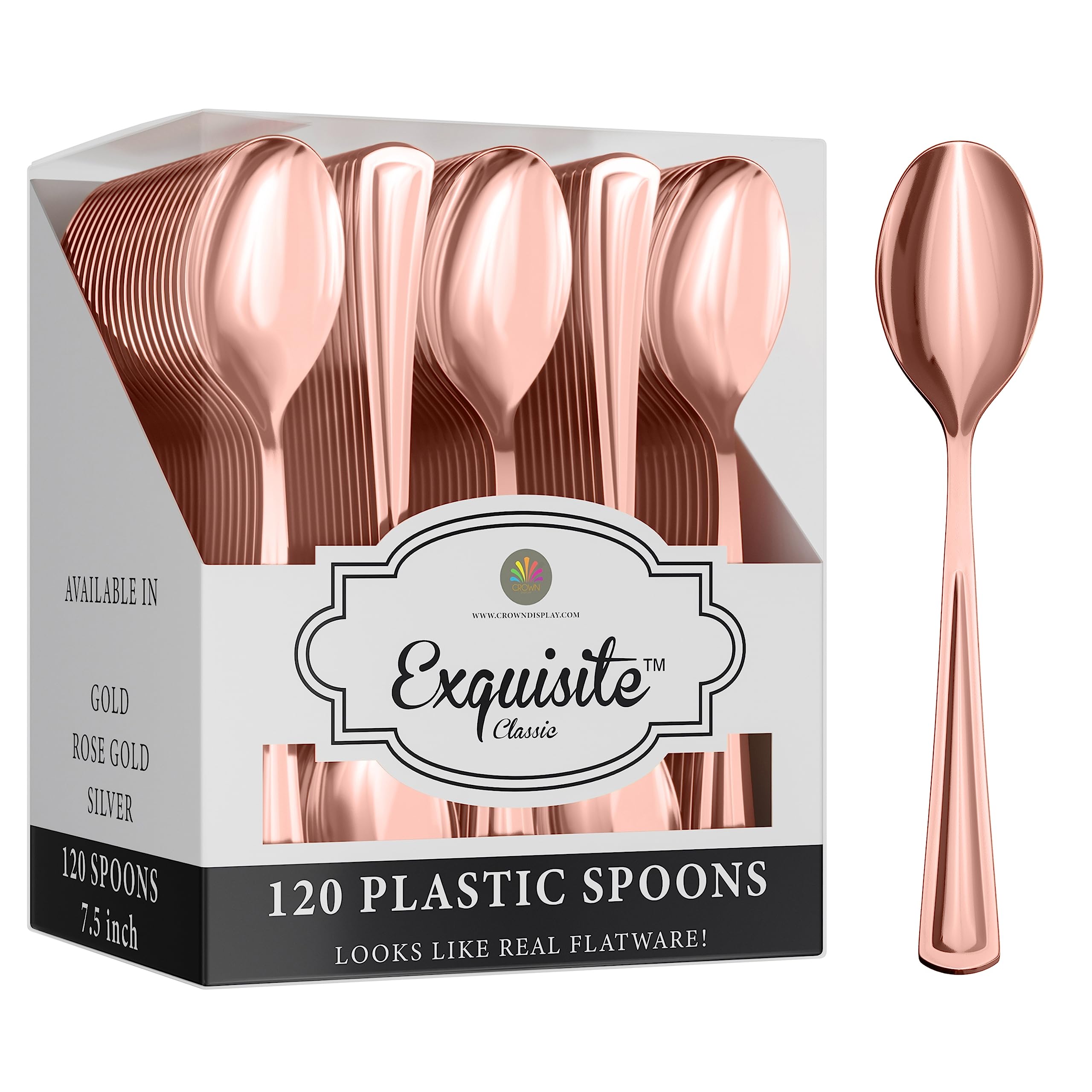 120 Pack Rose Gold Plastic Spoons Heavy Duty Disposable Cutlery - Elegant Disposable Silverware for Weddings, Parties, Catering & Special Events - Durable Rose Gold Plastic Spoons for Desserts, Cocktails & Elegant Dining