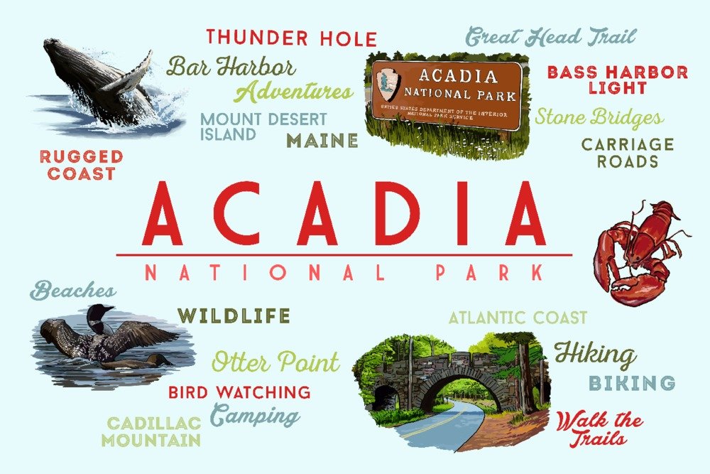 Acadia National Park Maine Wall Art Poster - 12x18 Typography & Icons Print for Home Decor, Office, Living Room & Bedroom Wall Decor