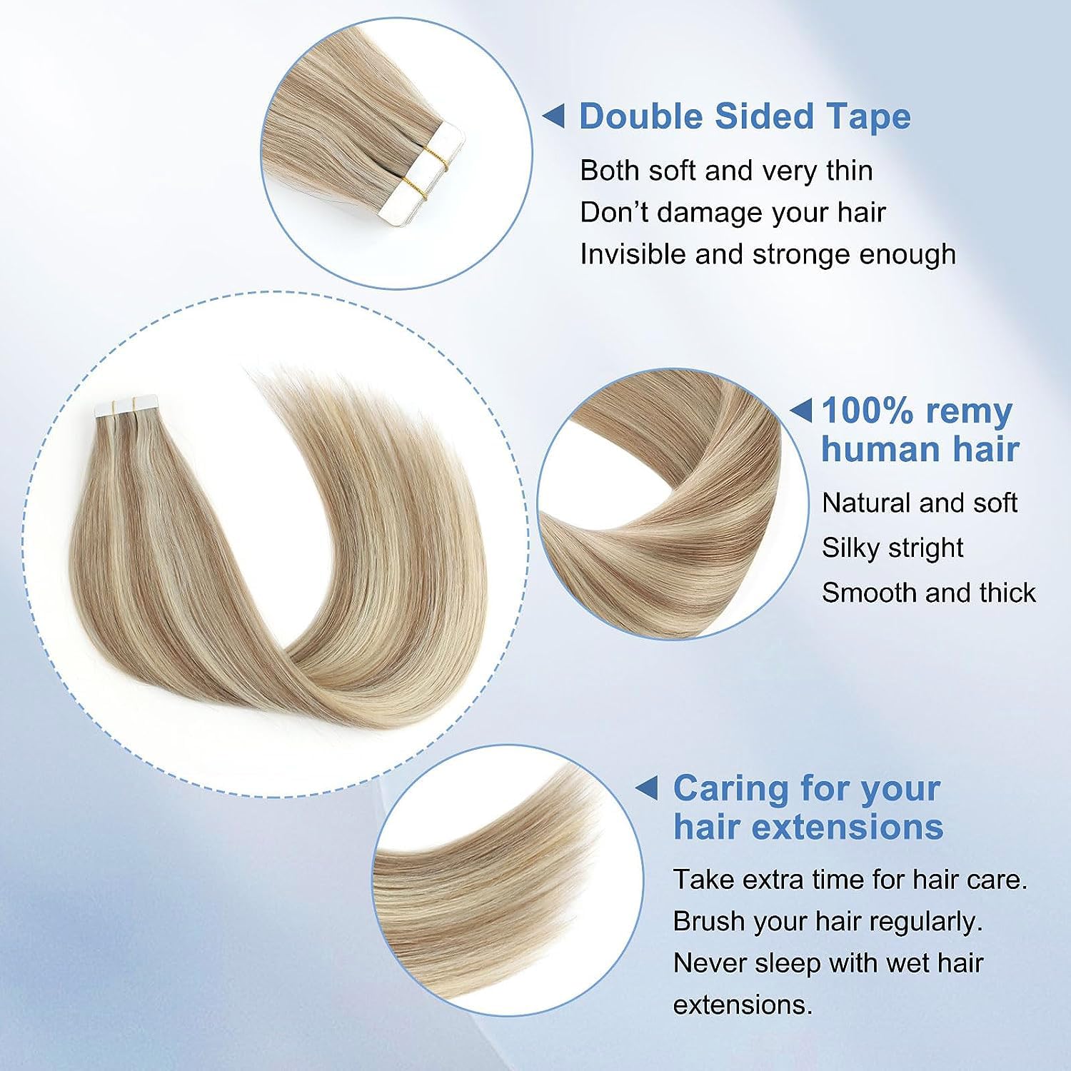 Sixstarhair Light Brown & Ash Blonde Tape-In Hair Extensions - 16 Inch Seamless Straight Human Hair with Double-Sided Tape (50g, Color P8-60) for Everyday Wear, Parties & Special Occasions