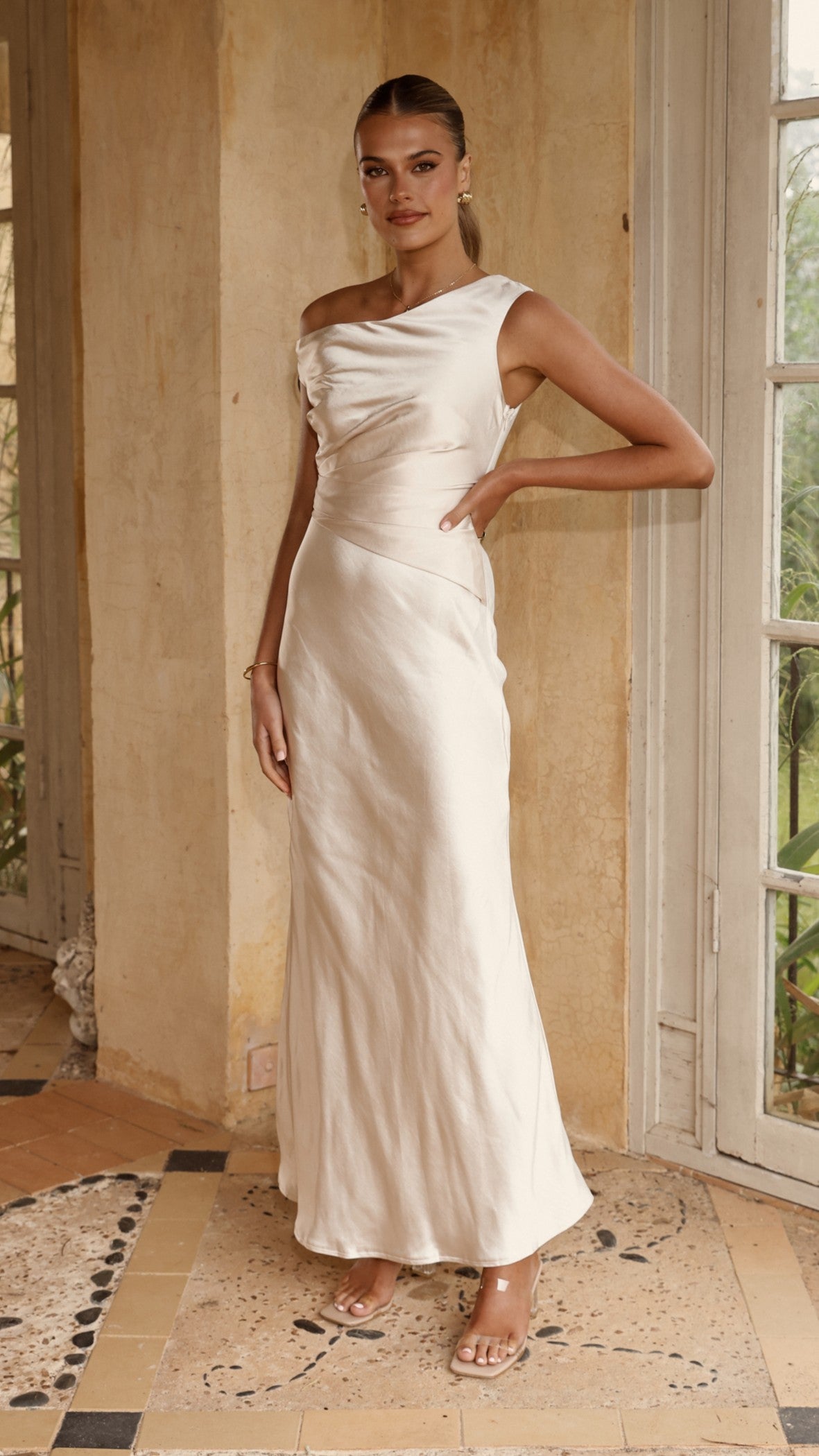 Auria Off Shoulder Maxi Dress in Champagne - Elegant Summer Beach Wedding Guest Dress for Women