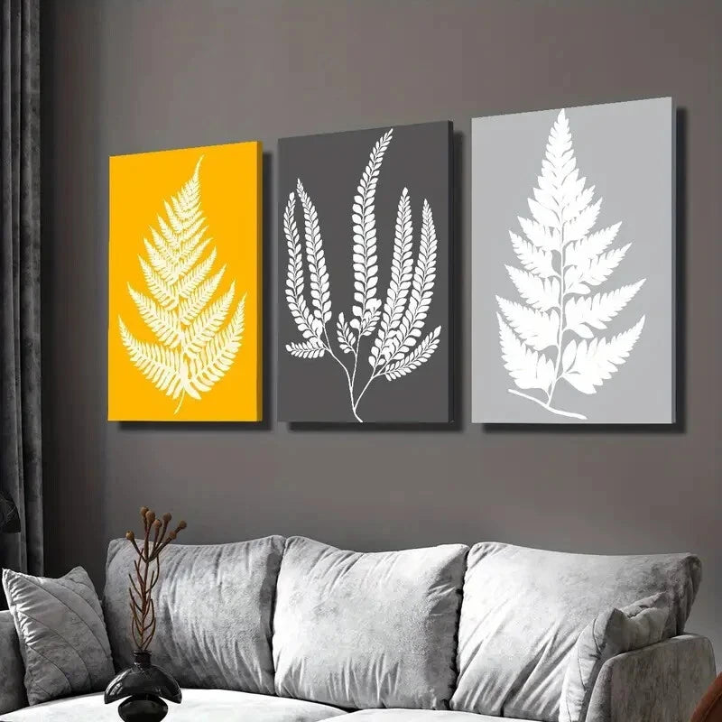 3-Piece Mustard Yellow & Grey Leaves Print Wall Art Set - Framed Canvas 40x60cm (16x24in) | High Quality Australian Made Ready-to-Hang Decor for Living Room, Bedroom & Office