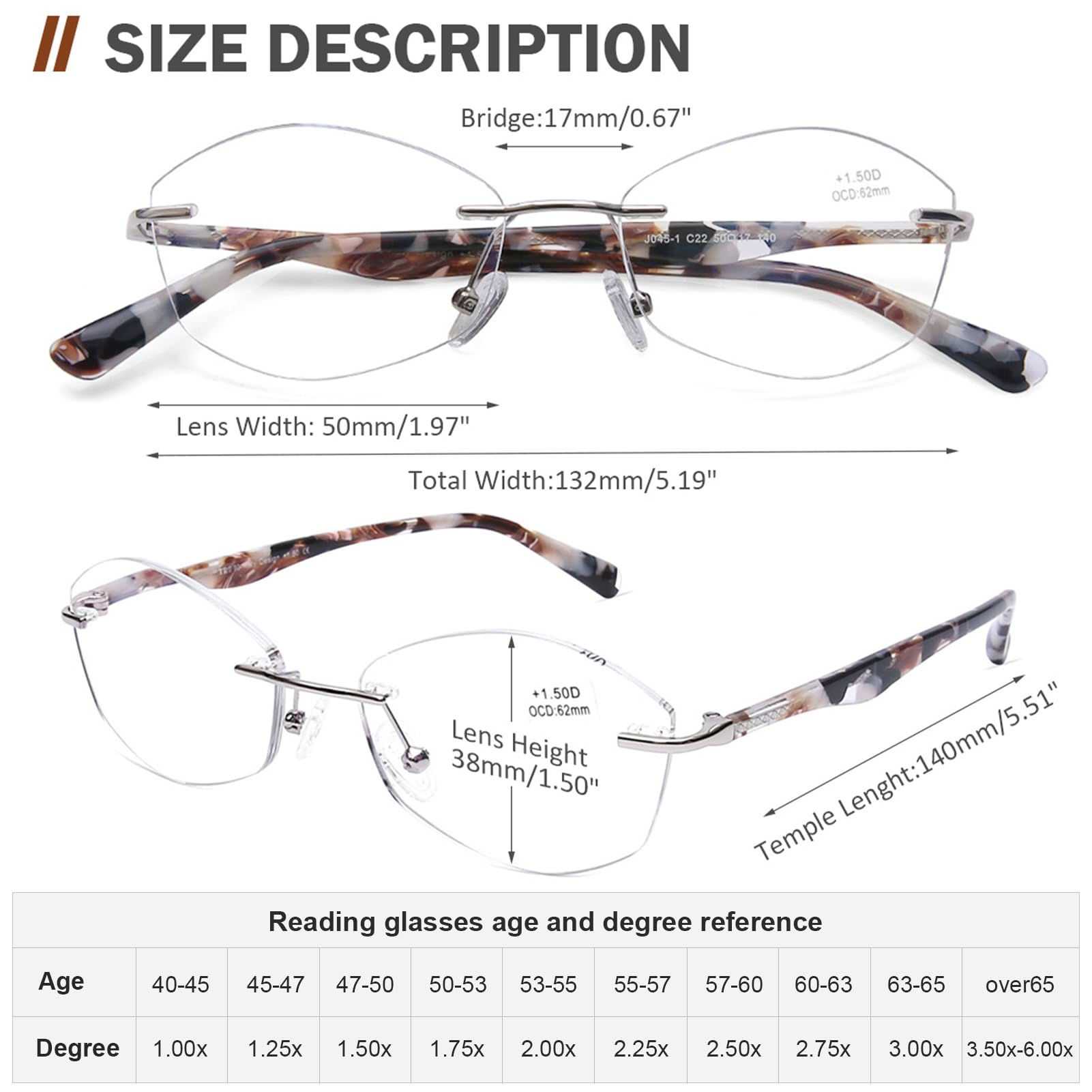 AQWANO Rimless Blue Light Blocking Reading Glasses for Women - UV400 Protection, Clear Lens & Stylish Pattern Frame - Perfect for Computer Work, Reading & Screen Time