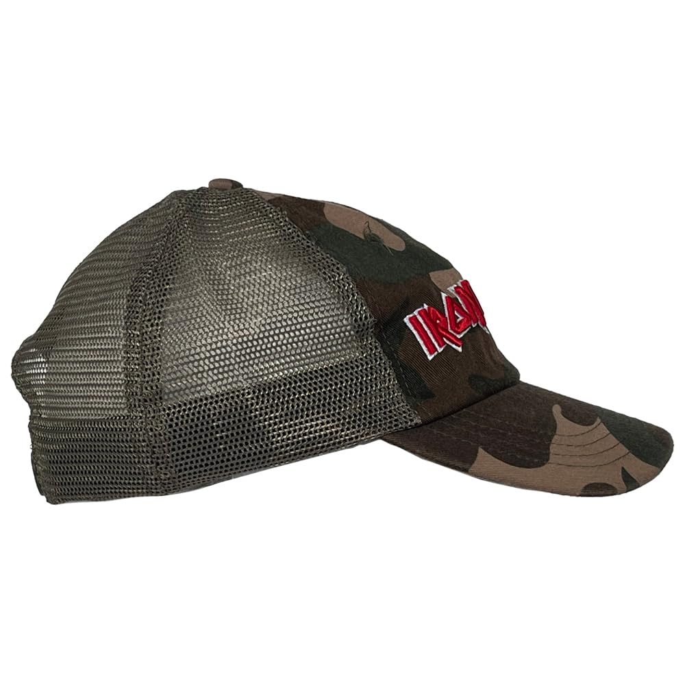 Iron Maiden Logo Camo Trucker Hat - Official Band Merchandise | Adjustable Snapback for Men & Women | Perfect for Concerts, Festivals & Outdoor Activities