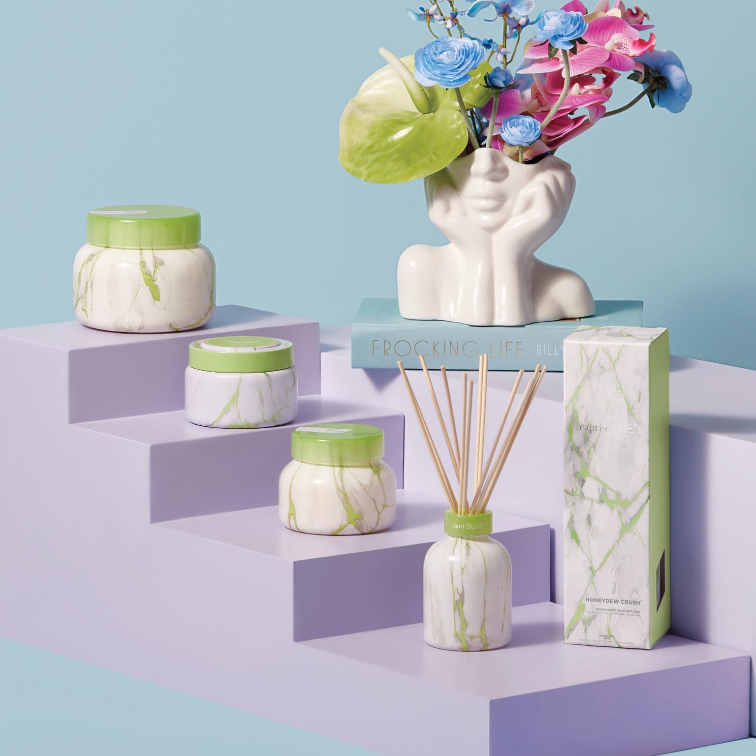 Capri Blue Modern Marble Printed Travel Tin Jar Candles - Luxury Scented Soy Wax Candles for Home Decor, Wedding, Spa - Long Lasting Honeydew Crush Fragrance (8.5 oz) - Perfect for Bedroom, Bathroom & Gift Giving