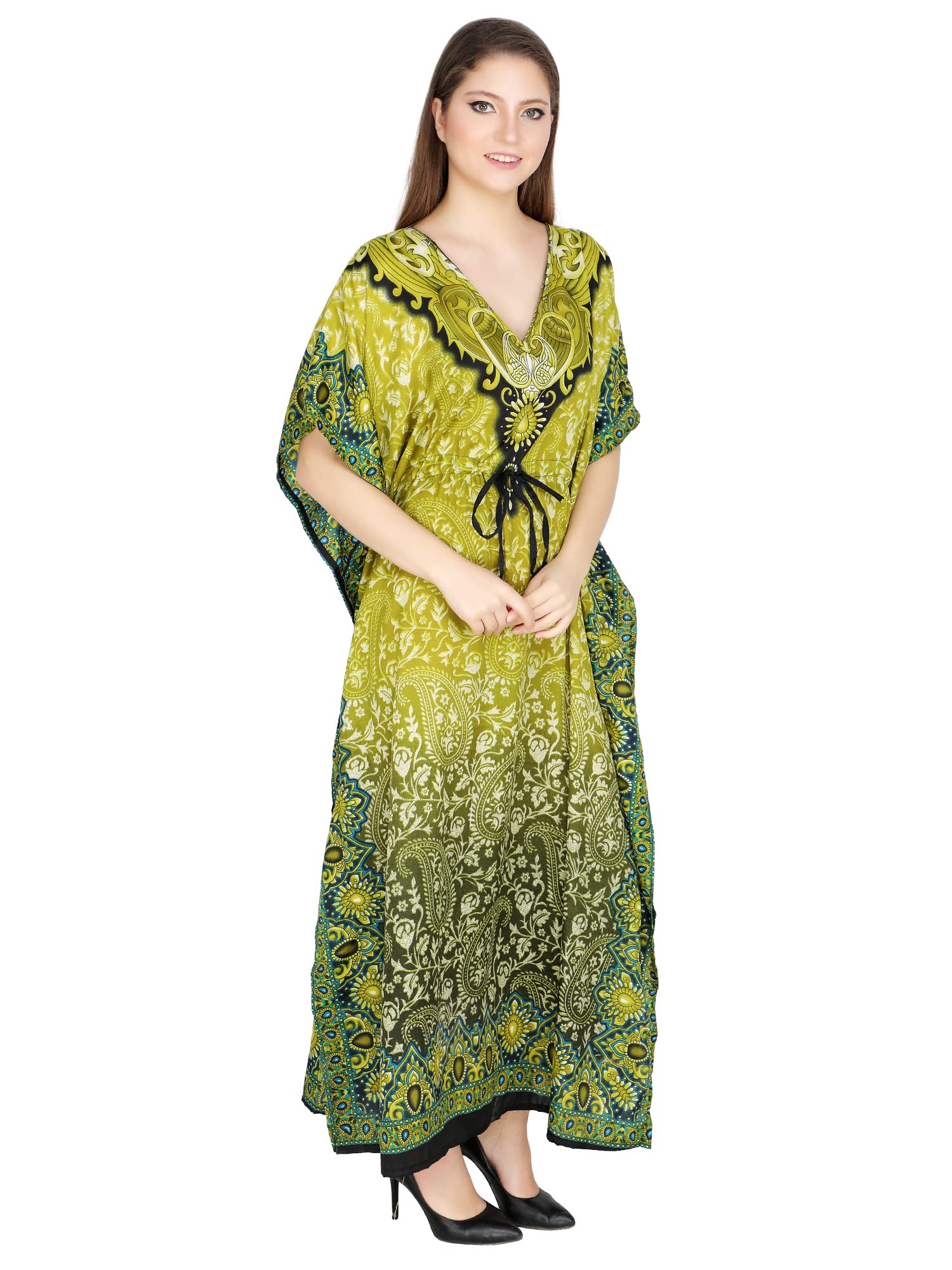 Stylish Ukal Women's Tunic Kimono Kaftan - Free Size Long Maxi Dress for Lounge, Party & Holiday Wear - Comfortable Nightwear in Sky Blue & Green - Perfect for Beach Coverups, Resort Wear & Summer Evenings