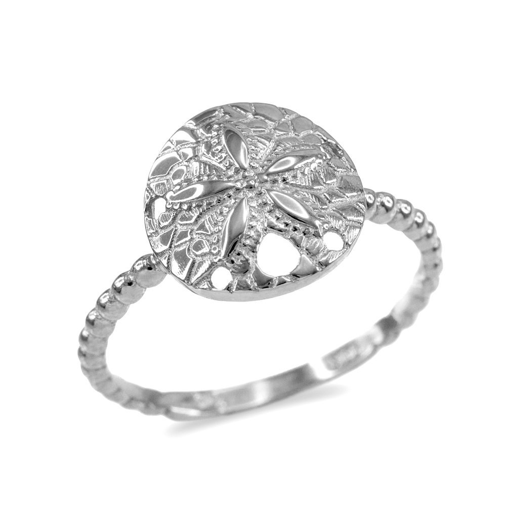 14K White Gold Beaded Band Sand Dollar Ring - Elegant Beach Jewelry for Women, Perfect for Weddings, Vacations & Everyday Wear