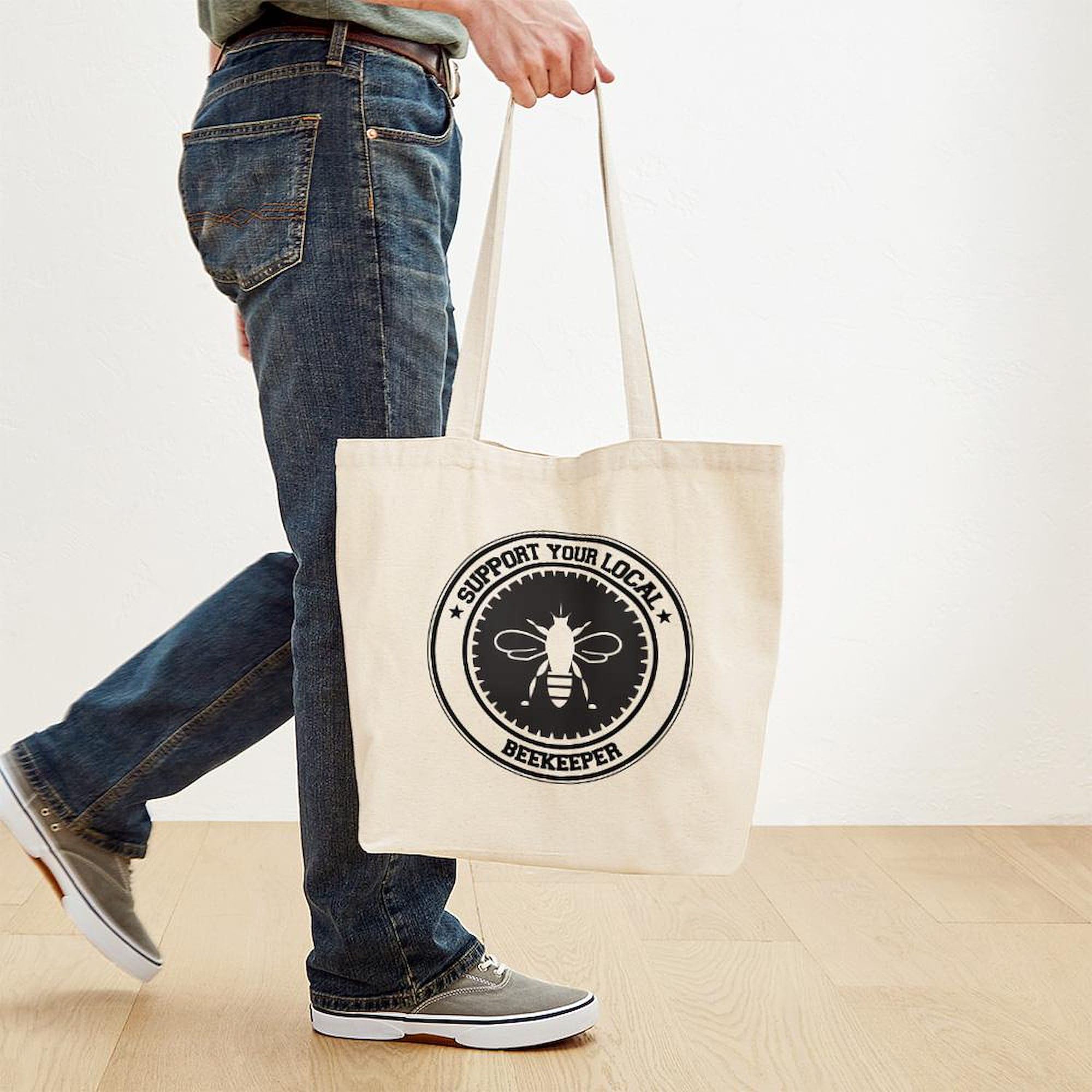 Beekeeper Tote Bag - Natural Canvas Reusable Shopping Bag with Support Beekeeper Design | Eco-Friendly Grocery Bag for Farmers Market, Beach & Daily Use
