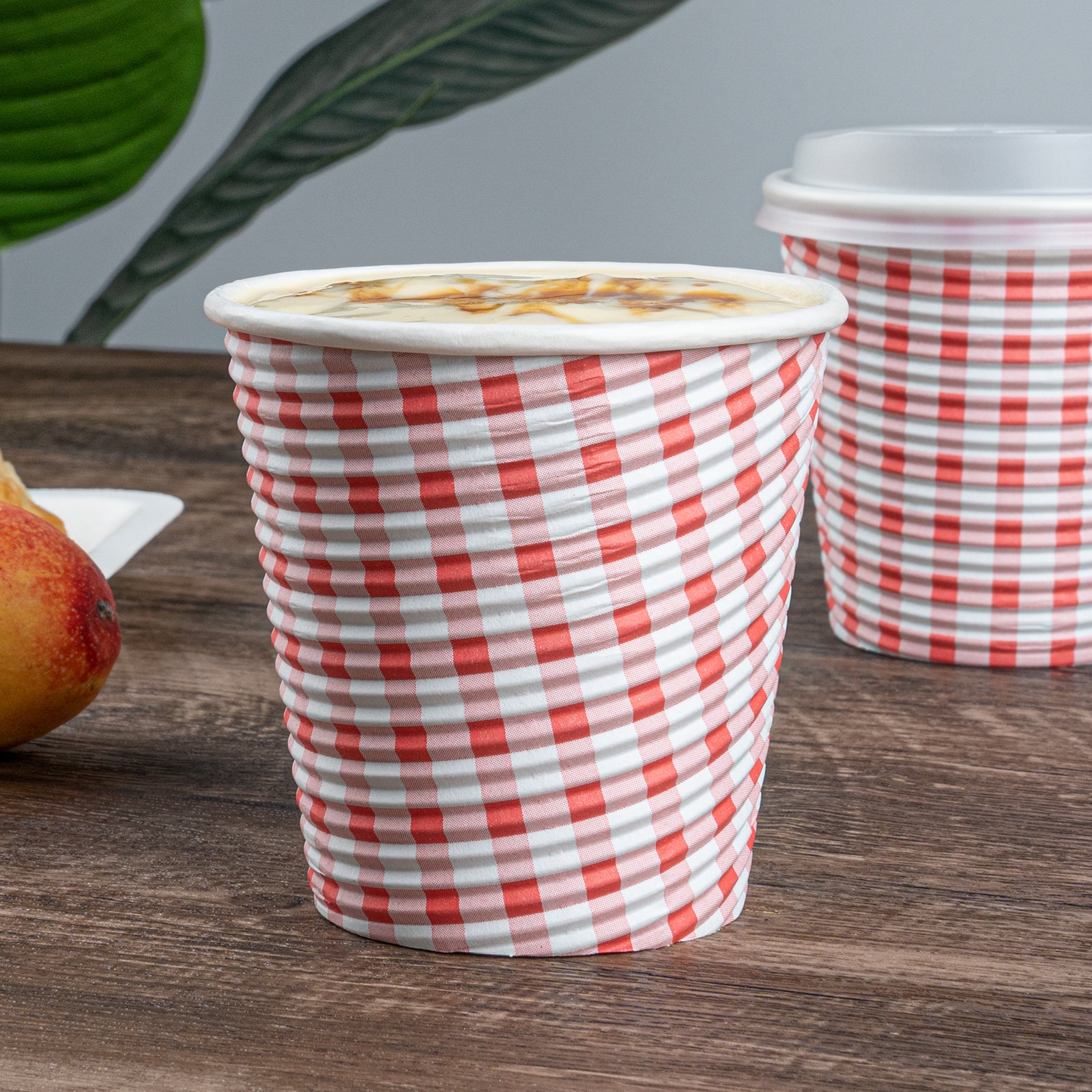 8 oz Disposable Paper Coffee Cups with Picnic Print - Spiral Wall Design - 3.5