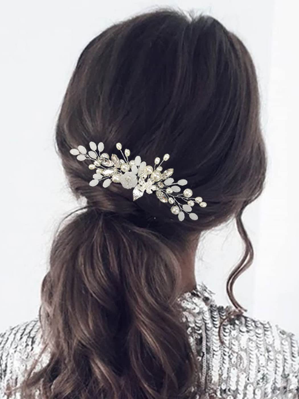 Silver Pearl Bridal Hair Comb - Crystal Flower Hair Accessories for Weddings & Parties
