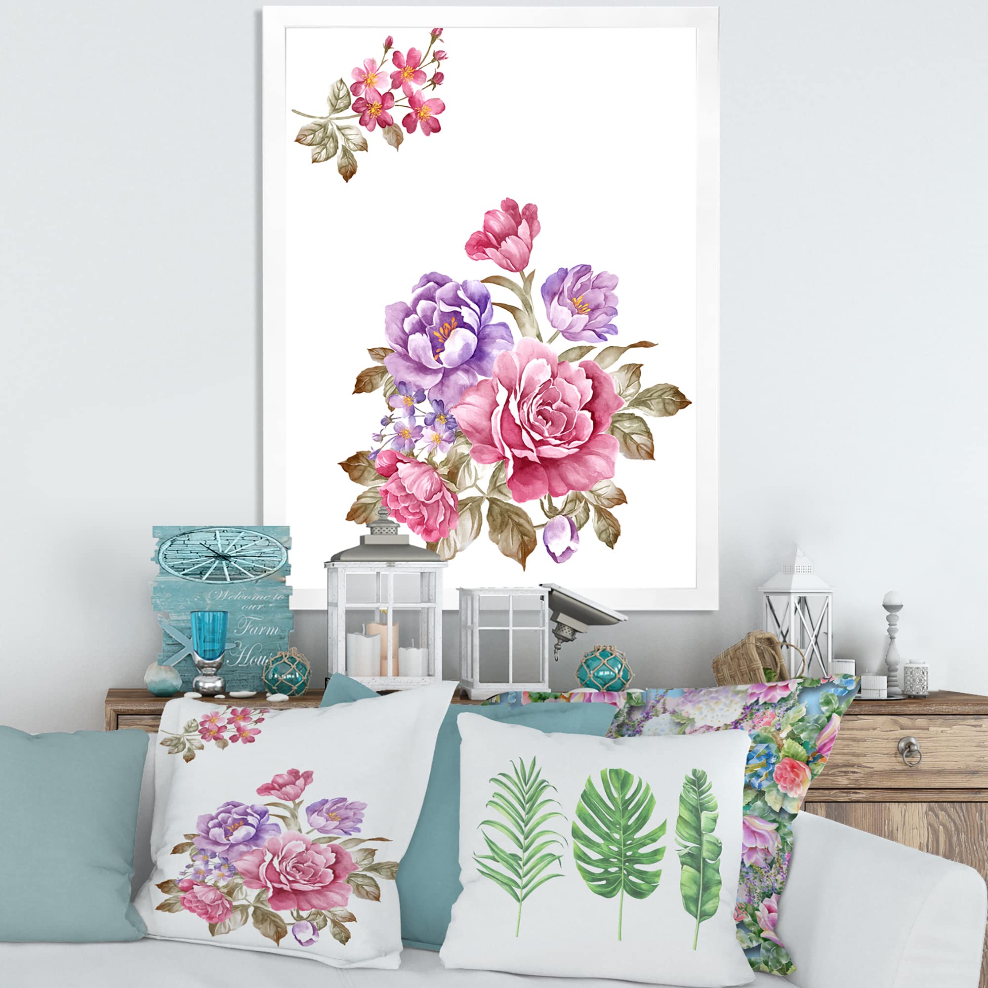 DesignQ Pink and Purple Floral Bouquet Framed Wall Art - Farmhouse Style Home Decor for Living Room, Bedroom & Office