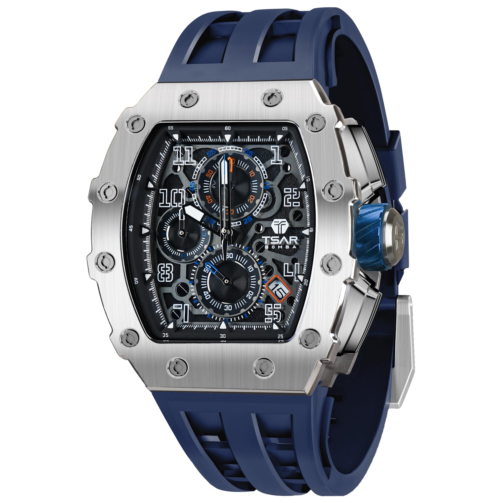 TSAR BOMBA Luxury Men's Tonneau Watch - Waterproof 50M Analog Chronograph with Date Calendar - Business Dress Watch for Men - Large Square Face Diver Wristwatch - Perfect for Office, Formal Events & Water Activities