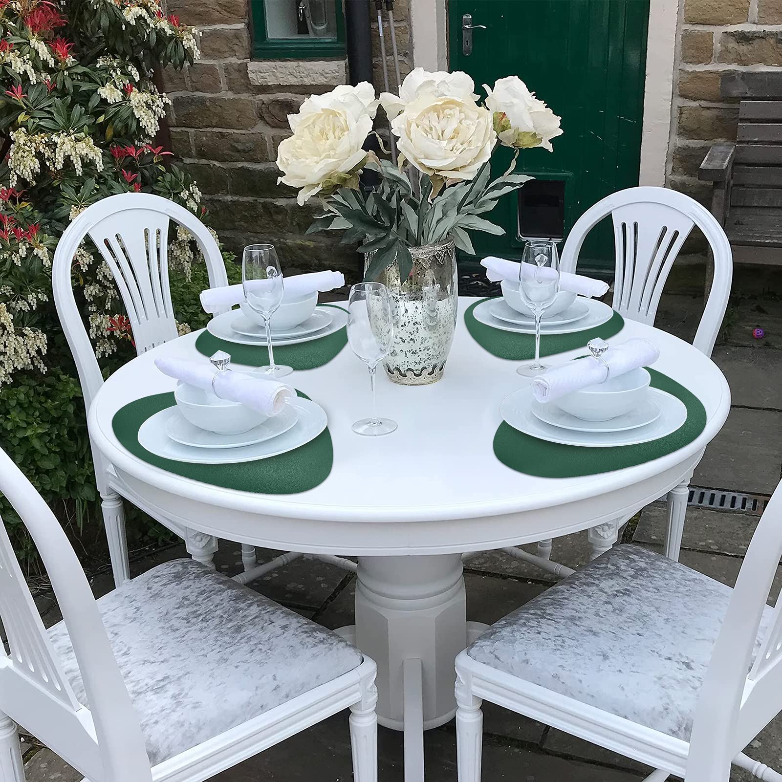 Premium Green Faux Leather Placemats Set of 6 - Waterproof & Washable Round Table Mats for Kitchen, Dining Room, Patio - Indoor/Outdoor Holiday Decor & Christmas Table Setting Accessories - Perfect for Dinner Parties, Family Gatherings & Festive Celebrations