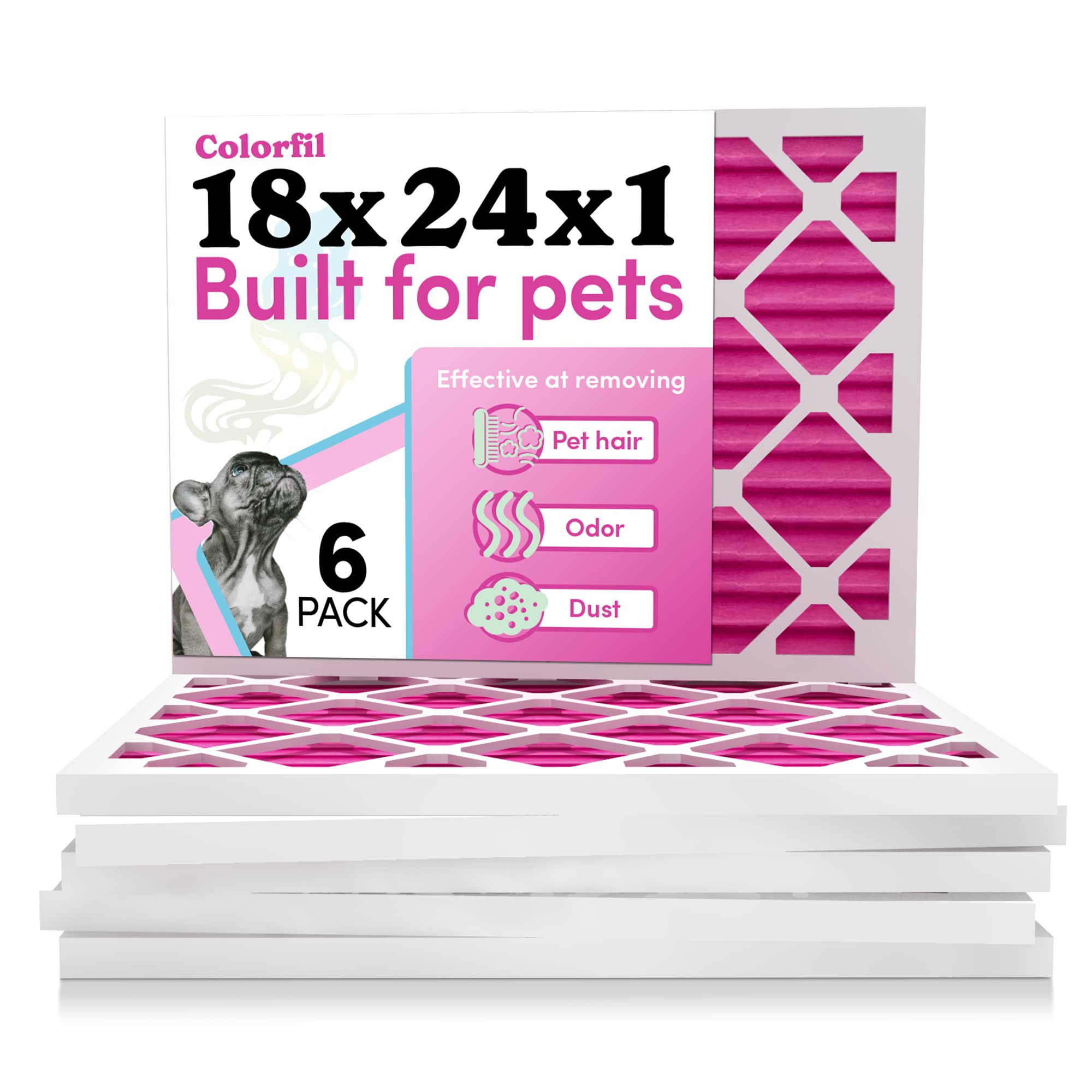 18x24x1 MERV 8 Air Filter for Pets - Color Changing HVAC Furnace & AC Filter for Cat/Dog Odor, Pet Hair & Dust - 17.5x23.5x0.75 Exact Size (6-Pack) - Perfect for Homes with Allergies & Pet Owners