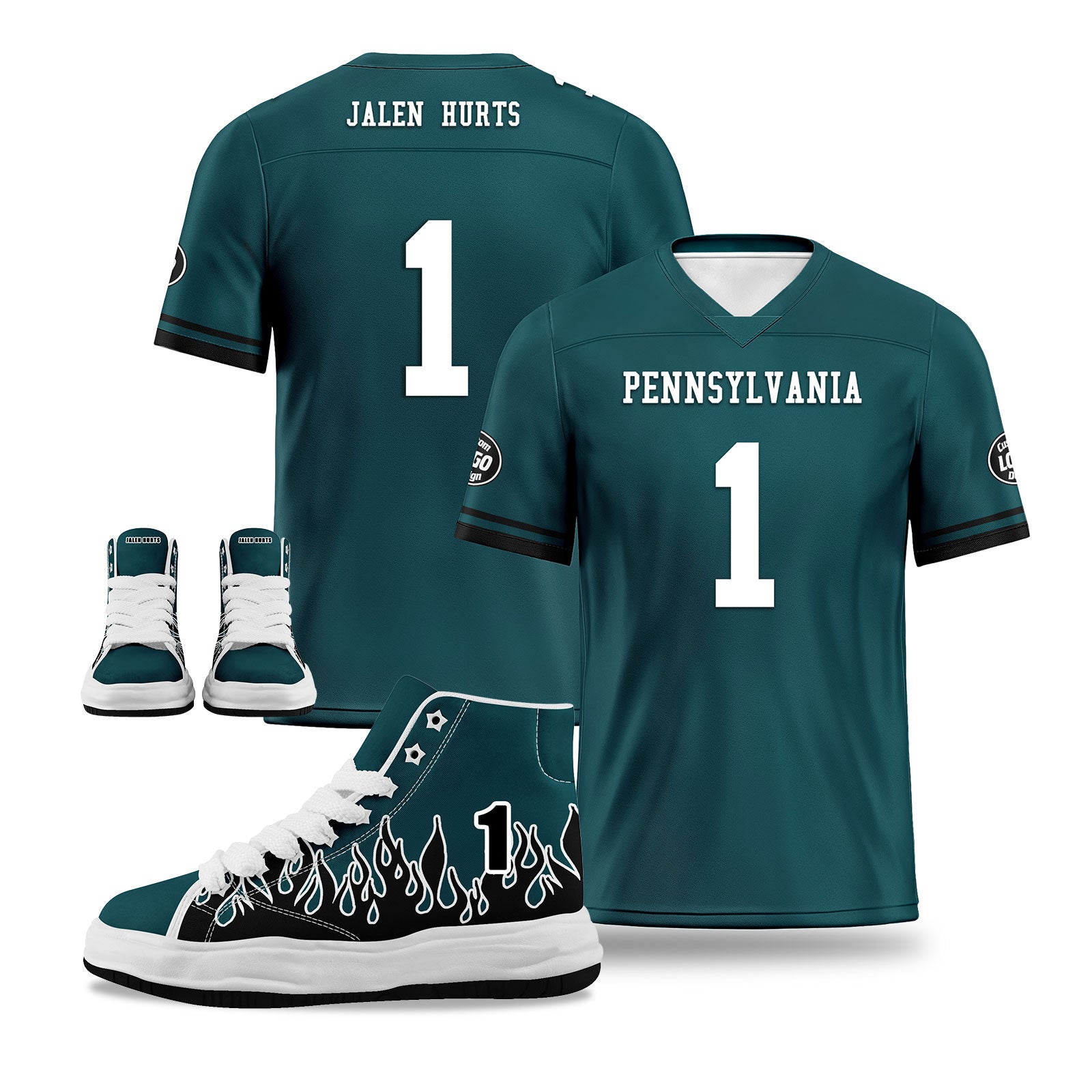 Custom Green & Black Philadelphia Eagles Football Jersey with Firesoul Sports Shoes Combo - Personalized NFL Fan Gear Set for Game Day & Training - Perfect for Football Enthusiasts and Sports Lovers