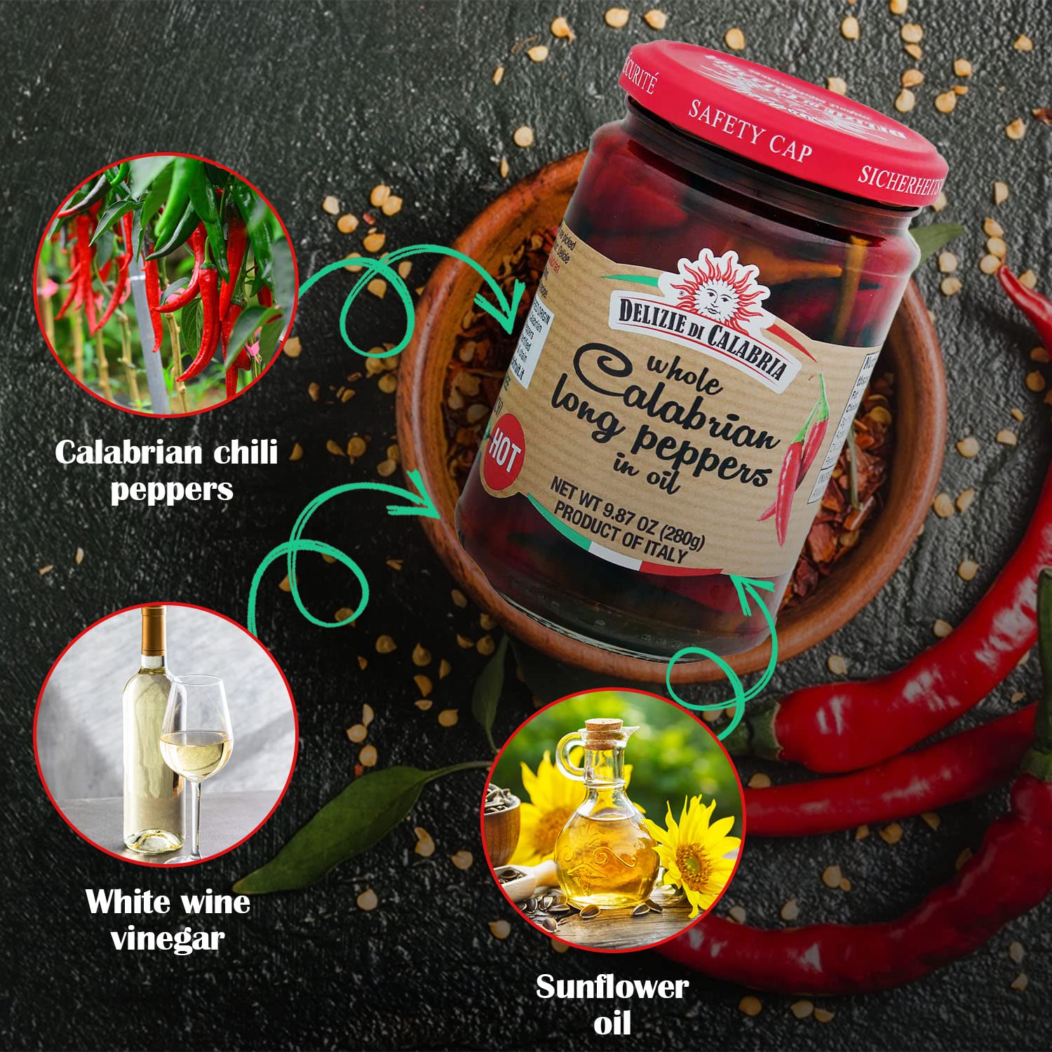 Delizie Di Calabria Whole Calabrian Long Peppers in Oil - Authentic Italian Hot Chili Peppers in White Wine Vinegar & Sunflower Oil - Gourmet Seasoning for Pizza, Pasta, Salads & Sandwiches - Perfect for Italian Recipes, Meal Prep & Charcuterie Boards (9.87 oz)
