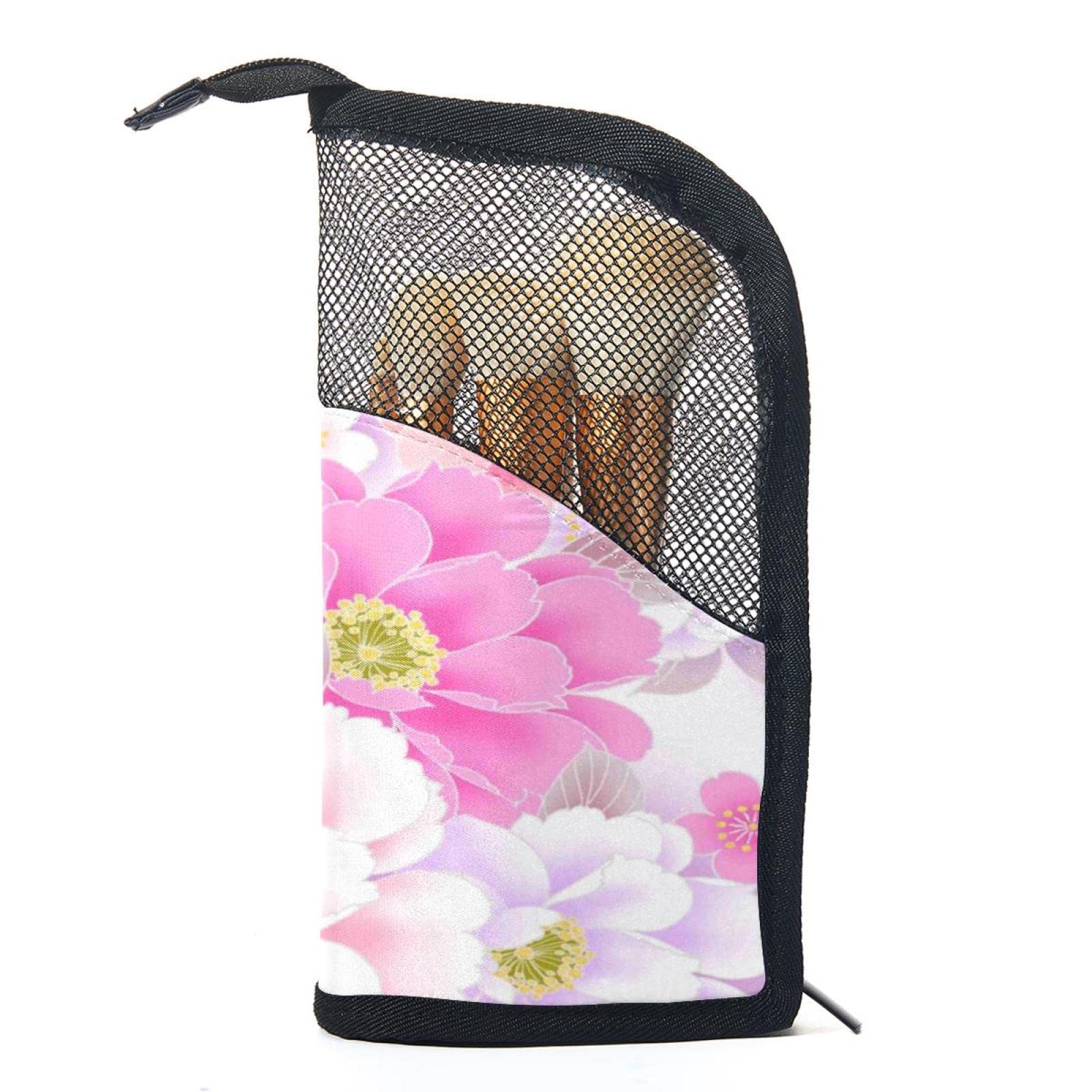 Floral Pink & White Makeup Brush Organizer Bag with 12 Slots - Portable Travel Cosmetic Brush Holder Case for Professional Makeup Artists & Home Use