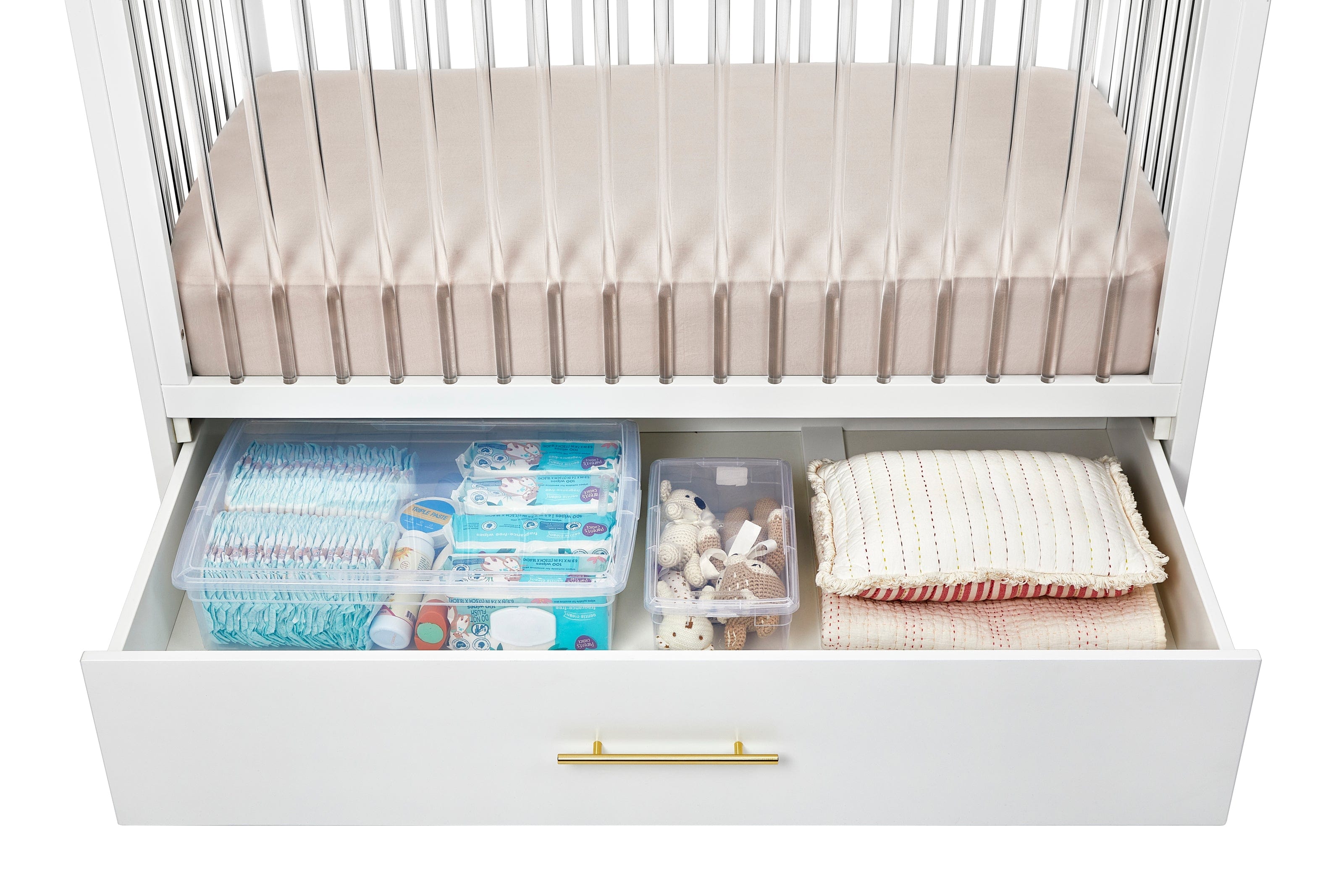 Hush Crib with Trundle - Gold Handle Convertible Baby Crib for Nursery - Perfect for Small Spaces & Shared Rooms