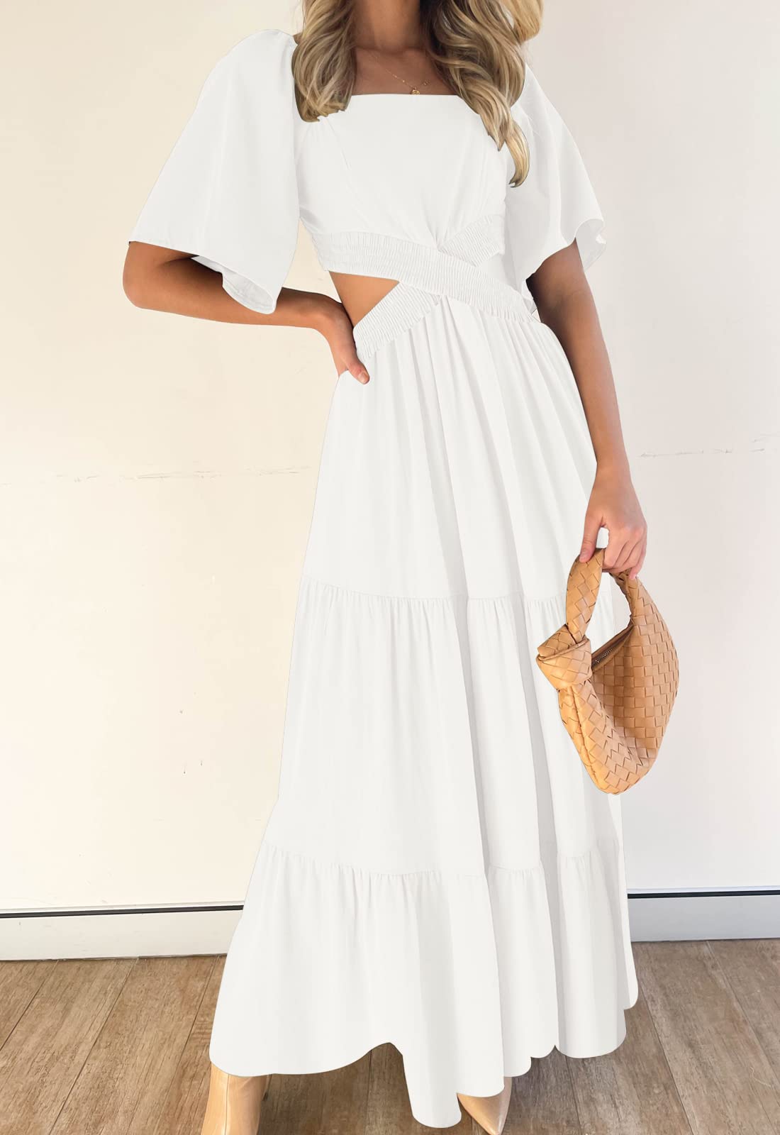 LEANI Women's 2025 Summer Cutout Maxi Dress - Square Neck Short Sleeve Crossover Waist Casual Party Dress for Beach Vacation, Wedding Guest & Evening Out