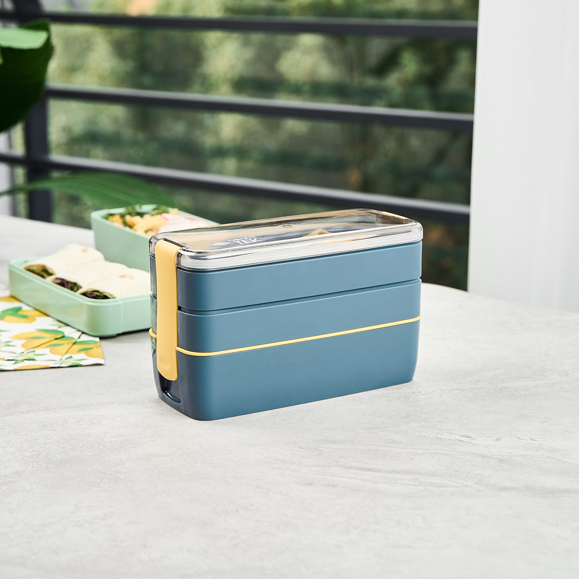 Bento Tek 30 oz Blue & Yellow 3-in-1 BPA Free Lunch Box with Fork & Knife - Microwave Safe, Leakproof Food Container (7.5