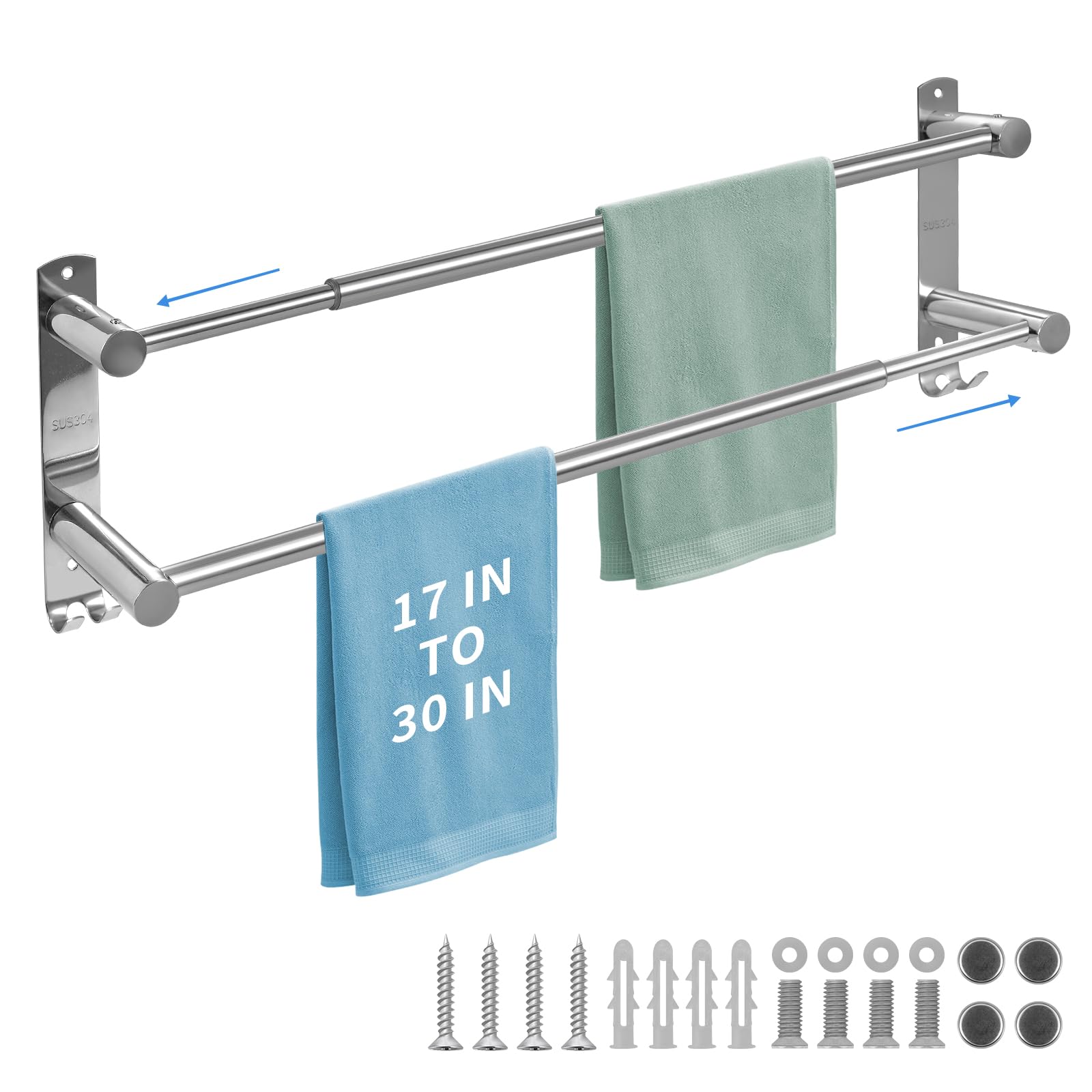 Stainless Steel Adjustable Double Towel Bar & Rack for Bathroom - 17-30 Inch Wall Mounted Towel Holder, Perfect for Bathrooms, Showers, and Spas