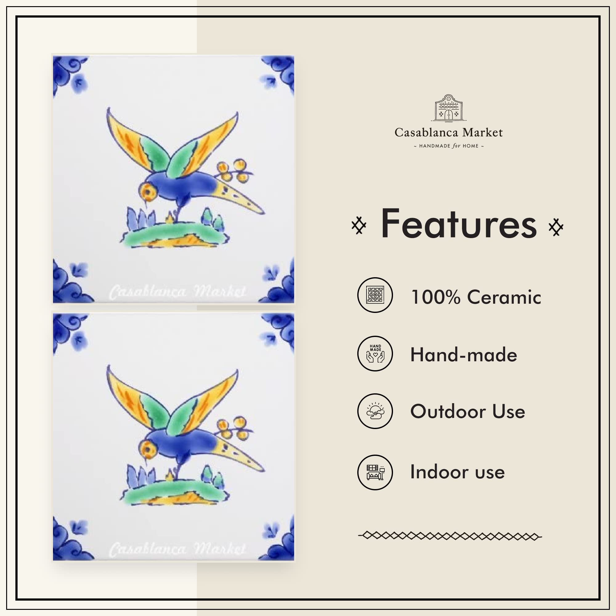 Hand-Painted Mediterranean Ceramic Swallow Decorative Tile - MT024 | Spanish-Inspired Wall Art for Kitchen Backsplash, Bathroom Decor & Outdoor Patio