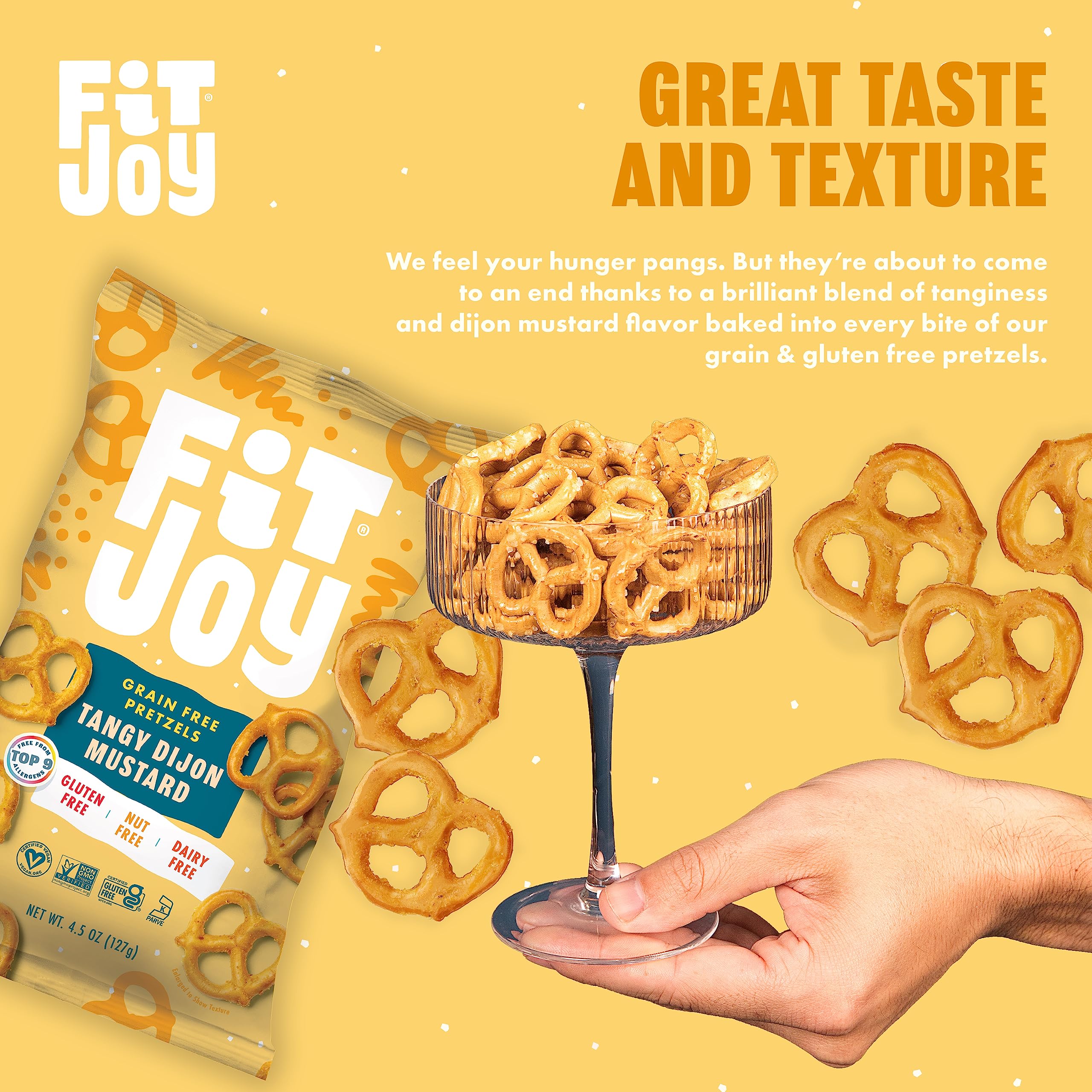 FitJoy Gluten Free Pretzels - Tangy Dijon Mustard Twists | Grain Free, Non-GMO, Vegan Certified Snacks | Made in USA, Nut Free, 4.5 Oz (6 Pack) | Perfect for Lunchboxes, Movie Nights & Healthy On-the-Go Snacking