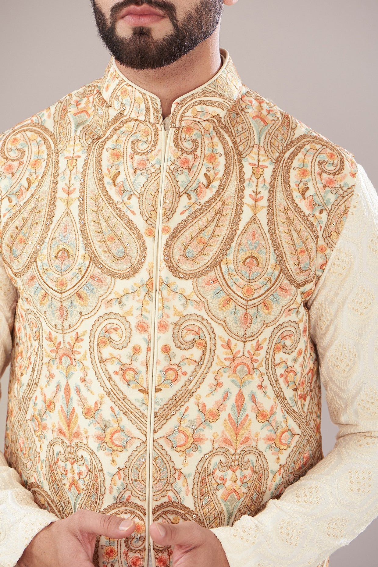 Elegant Ivory Georgette Embroidered Nehru Jacket for Men | Traditional Indian Wedding Attire | Perfect for Festivals, Parties & Cultural Events