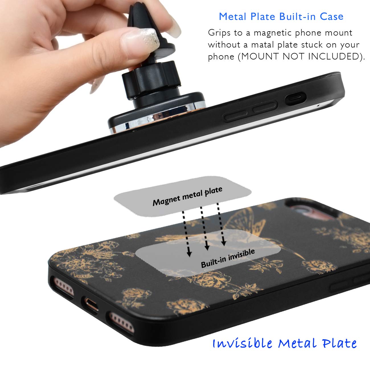 Premium Wooden Phone Case Compatible with iPhone 8 Plus/7 Plus/6 Plus/6S Plus - Black Bamboo Cover with Hummingbird Engraving & Built-in Metal Plate (5.5 Inch) + Free Screen Protector | Eco-Friendly Protective Case for Daily Use, Travel & Outdoor Activities