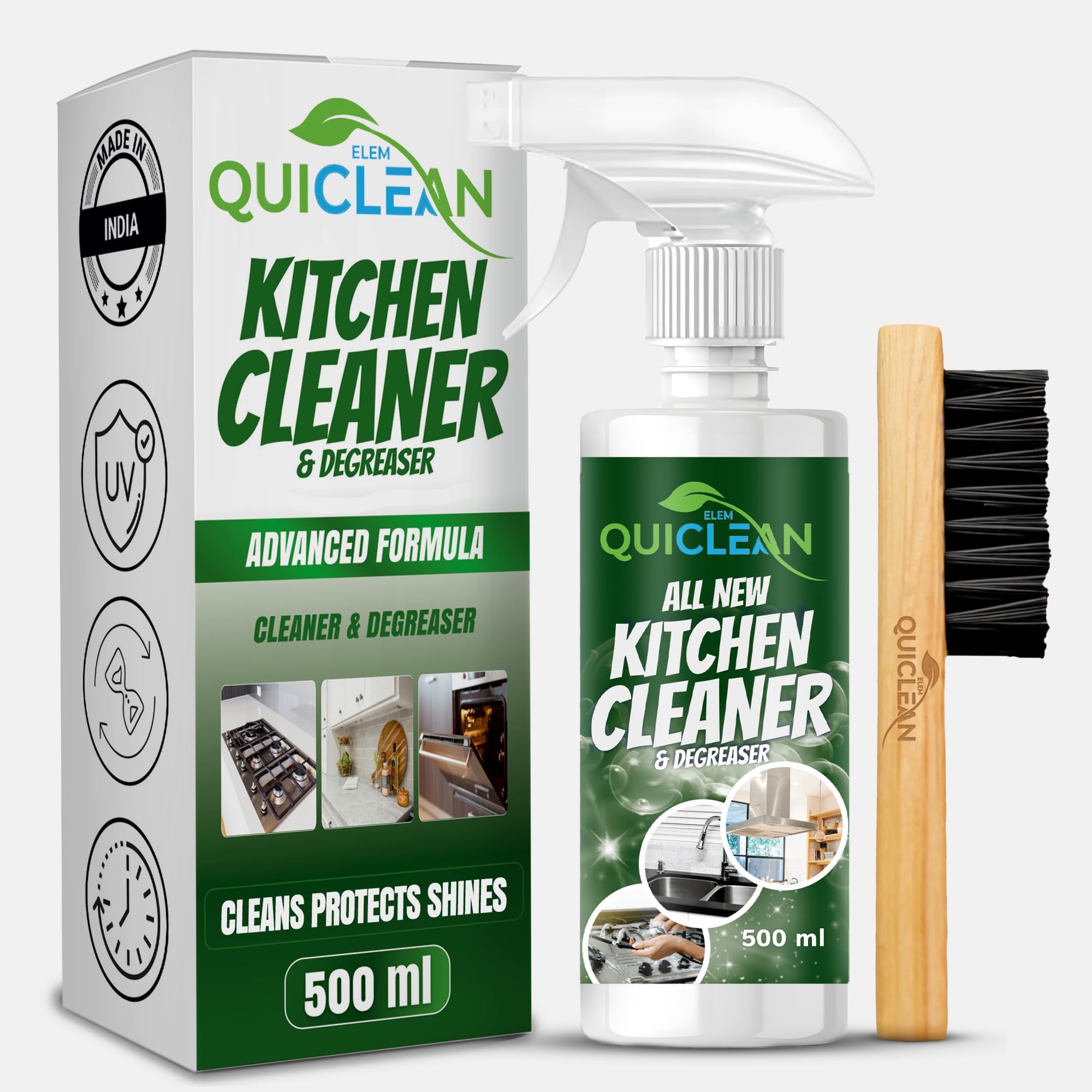 Quiclean All New Kitchen Cleaner & Degreaser Spray 500ml - Powerful Oil & Grease Stain Remover for Stove, Countertop, Tiles, Chimney & Exhaust Fan | Safe for All Kitchen Surfaces | Ideal for Daily Cleaning & Tough Stain Removal (Pack of 1)