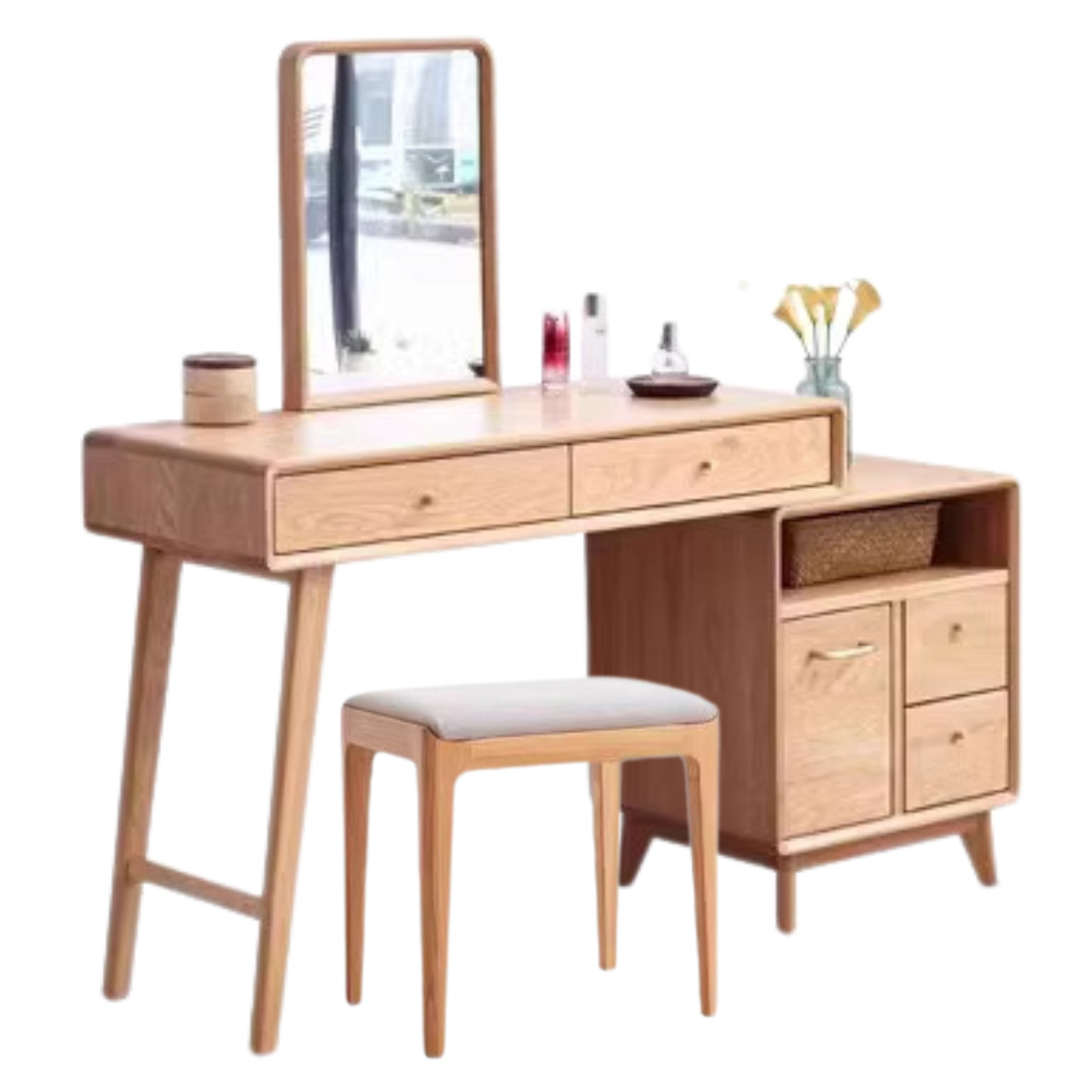 Solid Oak Wood Extendable Vanity Dressing Table with Mirror - Perfect for Bedroom Makeup & Jewelry Storage