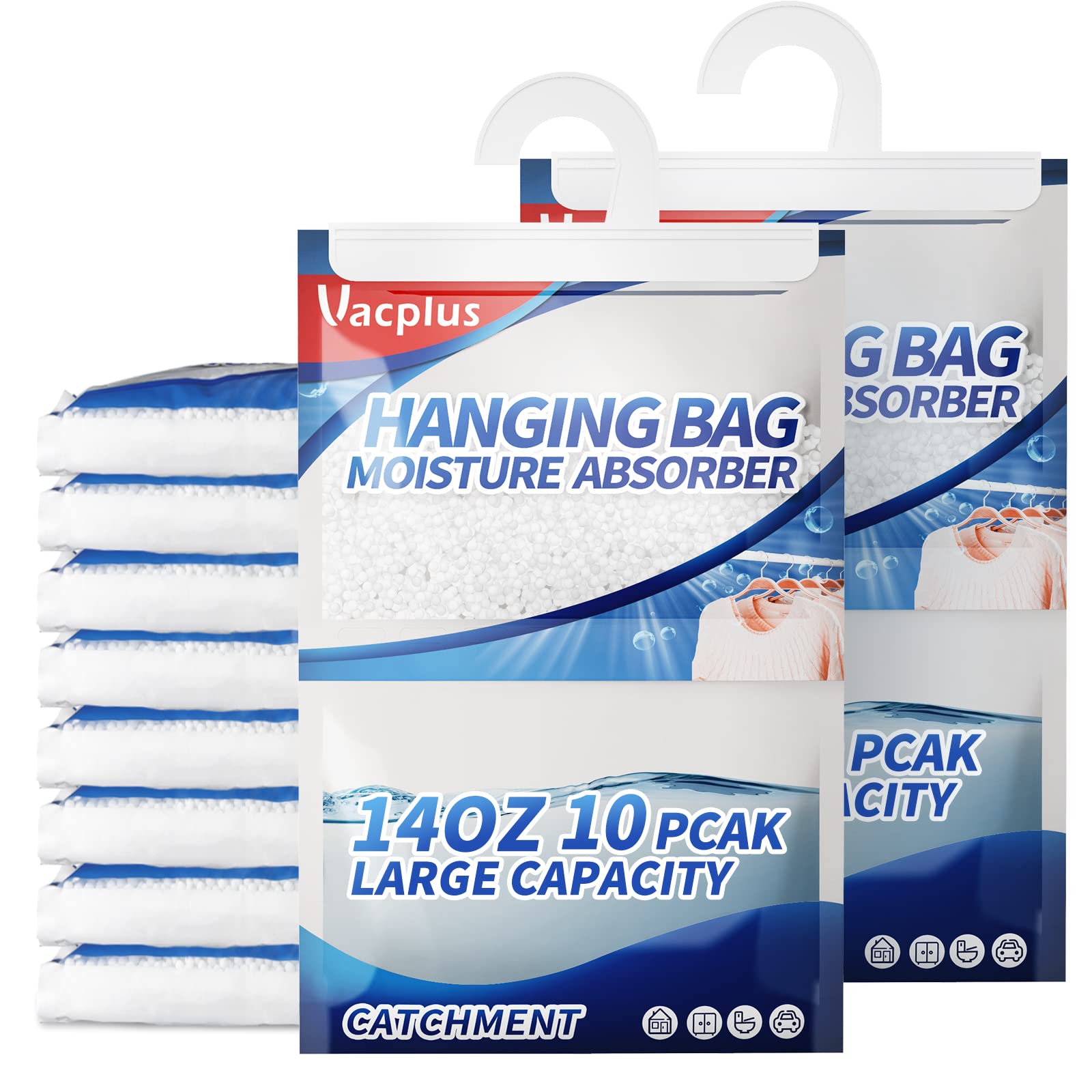 Vacplus Moisture Absorber 10 Pack - Portable Dehumidifiers for Closet, Bathroom & Small Spaces - 14oz Odor Eliminator Bags Traps Excess Moisture - Hanging Dehumidifier Bags for Musty Smell Removal - Perfect for Basements, RVs & Storage Units