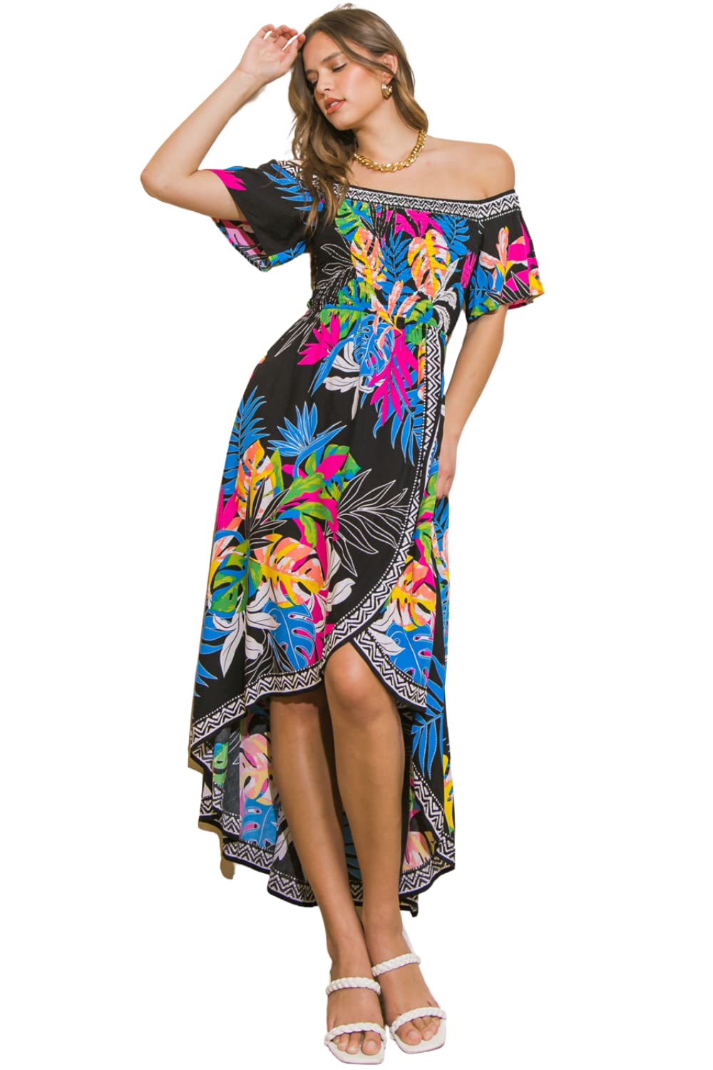 Bohemian Off Shoulder Maxi Dress - Tropical Floral Print Smocked Summer Dress for Beach Vacation, Music Festival & Boho Chic Outfits