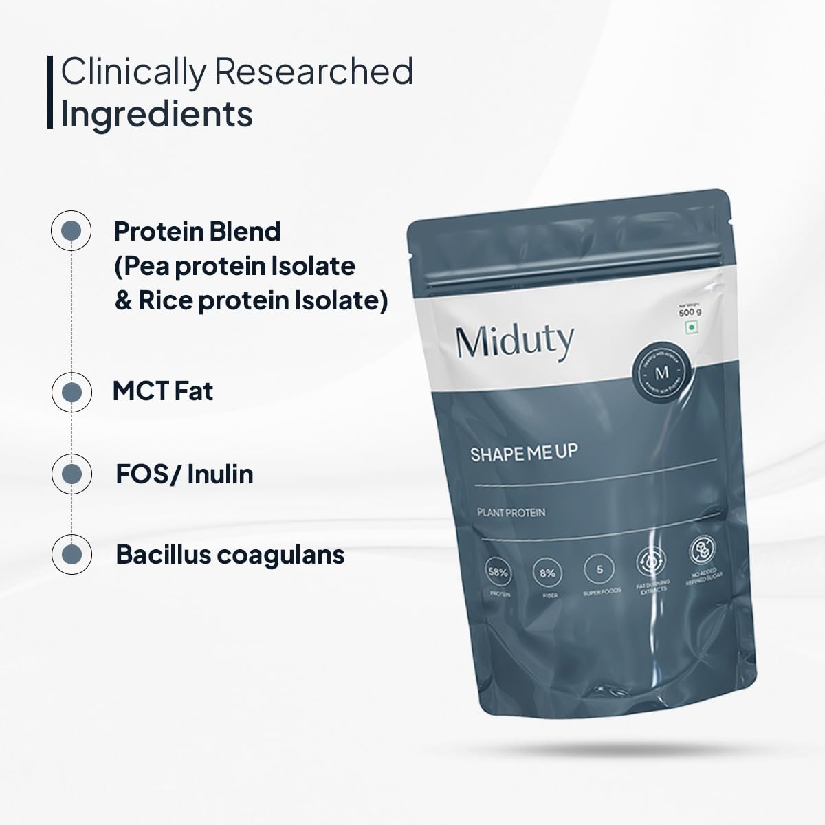 Miduty by Palak Notes ShapeME Up Plant Protein Powder - Vanilla Flavor with 1 Billion Probiotics | Vegan Protein Shake for Lean Weight Loss & Effective Weight Management (500g) | Perfect for Post-Workout Recovery & Healthy Meal Replacement