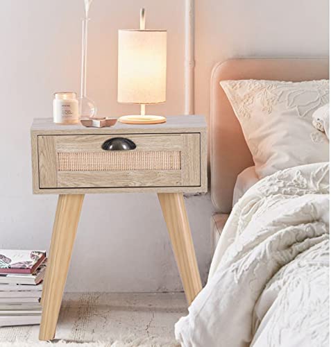 PHI VILLA Mid Century Modern Rattan Nightstands Set of 2 - Boho Bedside Tables with Storage Drawer, Small Space End Tables for Living Room & Bedroom - Perfect for Apartment Decor and Cozy Bedside Organization
