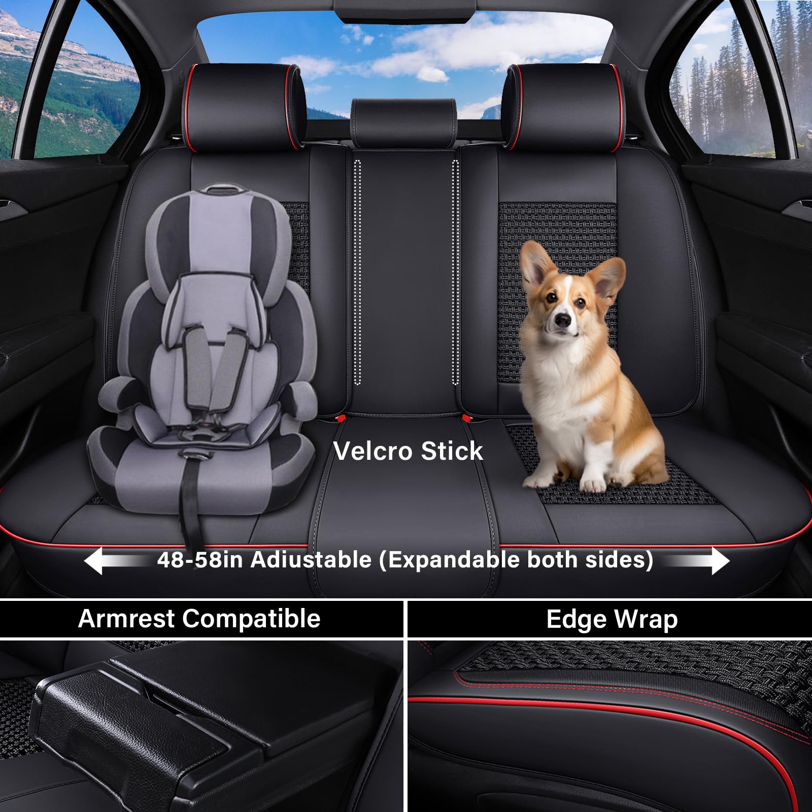 Premium Universal Car Seat Covers Full Set (5-Piece) - Breathable Leather-Woven Design for Front & Back Seats | Perfect Fit for Most Vehicles in Black & Red | Ideal for Daily Commuting, Road Trips & Family Protection