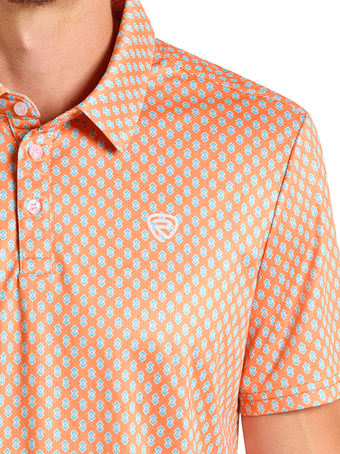 Men's Rock & Roll Geo Print Denim Polo Shirt - Orange Casual Button Down Shirt for Concerts, Parties & Streetwear Fashion