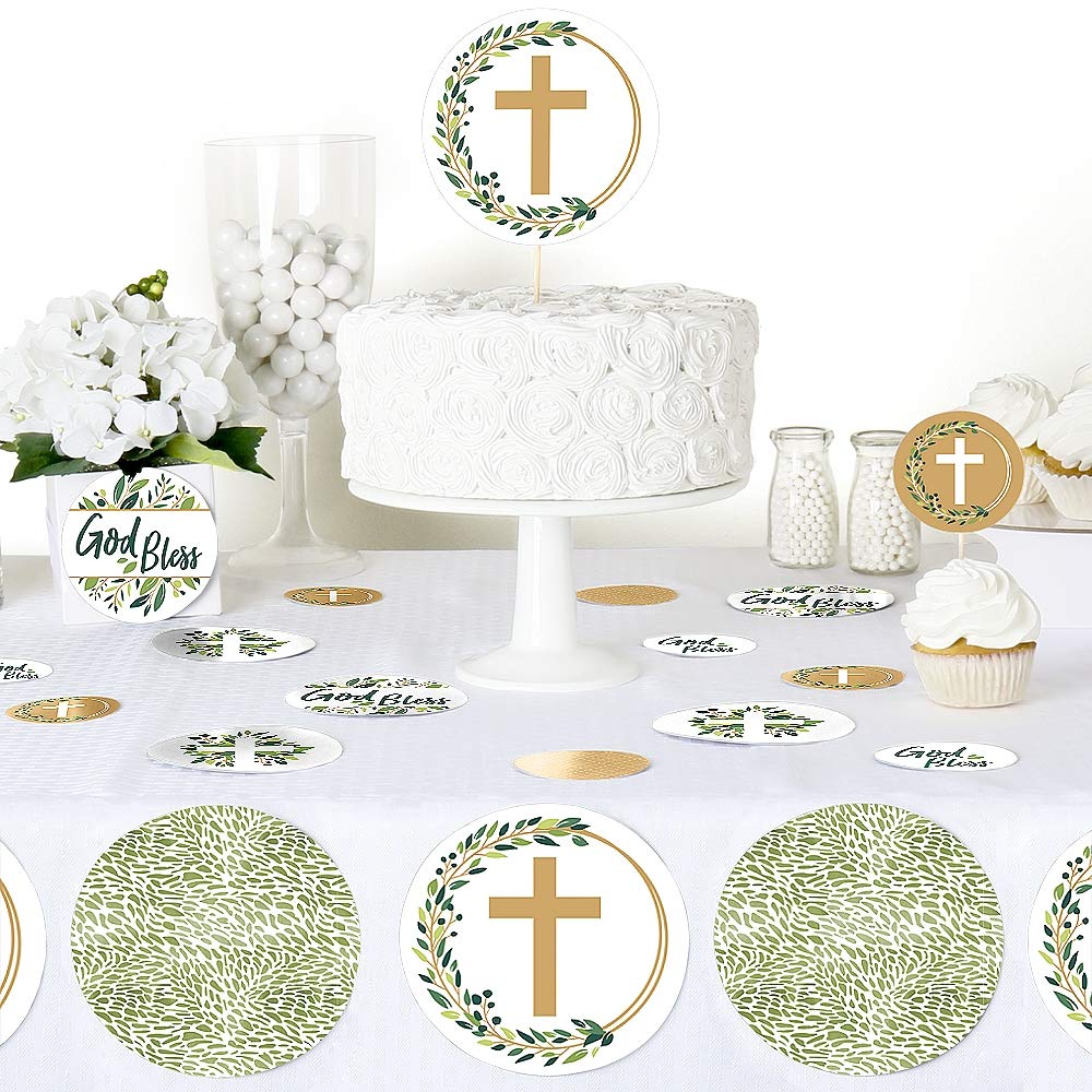 Elegant Cross Religious Confetti - 27 Count Large Circle Party Decorations for Baptism, Wedding & Church Events - Big Dot of Happiness