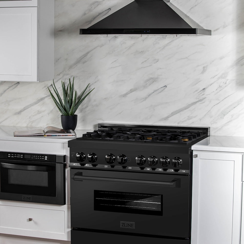 ZLINE 36 Inch 4.6 Cu. Ft. Black Stainless Steel Dual Fuel Range - Gas Cooktop & Electric Convection Oven with 6 Brass Burners (RAB BR 36) - Perfect for Professional Home Chefs & Modern Kitchens
