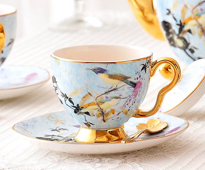 Elegant Ceramic Coffee Cups with Unique Bird Flower Design - British Style Tea Cup and Saucer Set in Gift Box, Royal Bone China Porcelain for Birthday Gifts - Perfect for Afternoon Tea, Home Decor, and Special Occasions