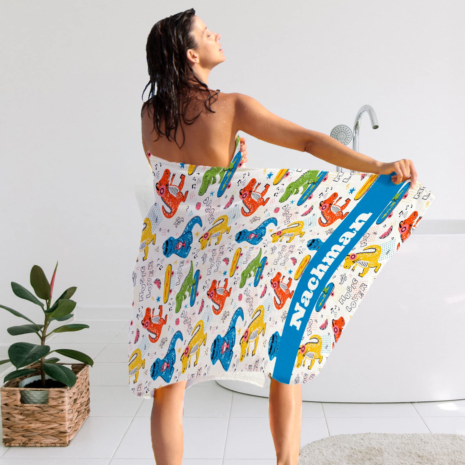 YESCUSTOM Personalized Dinosaur Bath Towels for Kids - Custom Name & Monogram Microfiber Towels | Super Absorbent, Quick Dry, Lightweight & Sand Free | Perfect for Bath Time, Beach, Pool & Camping